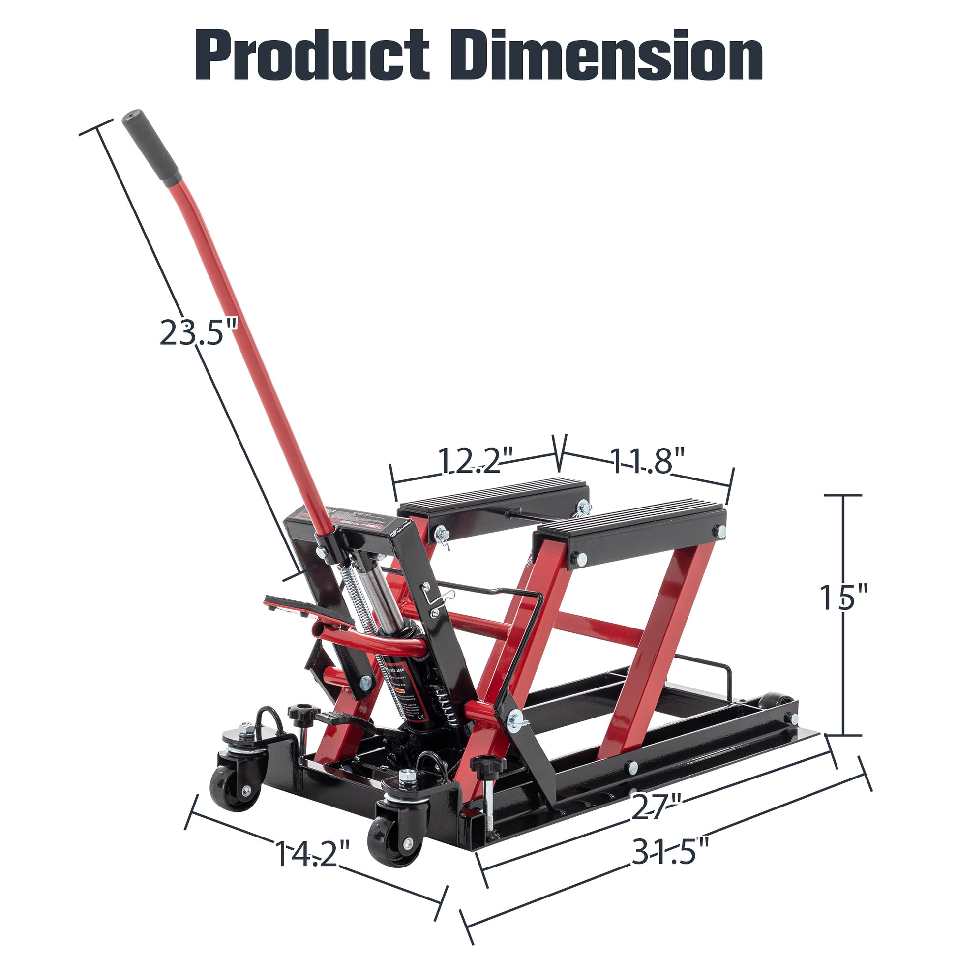 Hydraulic Motorcycle Lift Jack, 1500 Lbs Capacity Foot Operated Motorcycle Lift Table, Atv Scissor Lift Jack With 4.5" 15" Lifting Range, Portable Motorcycle Lift Table With Wheels Red Metal