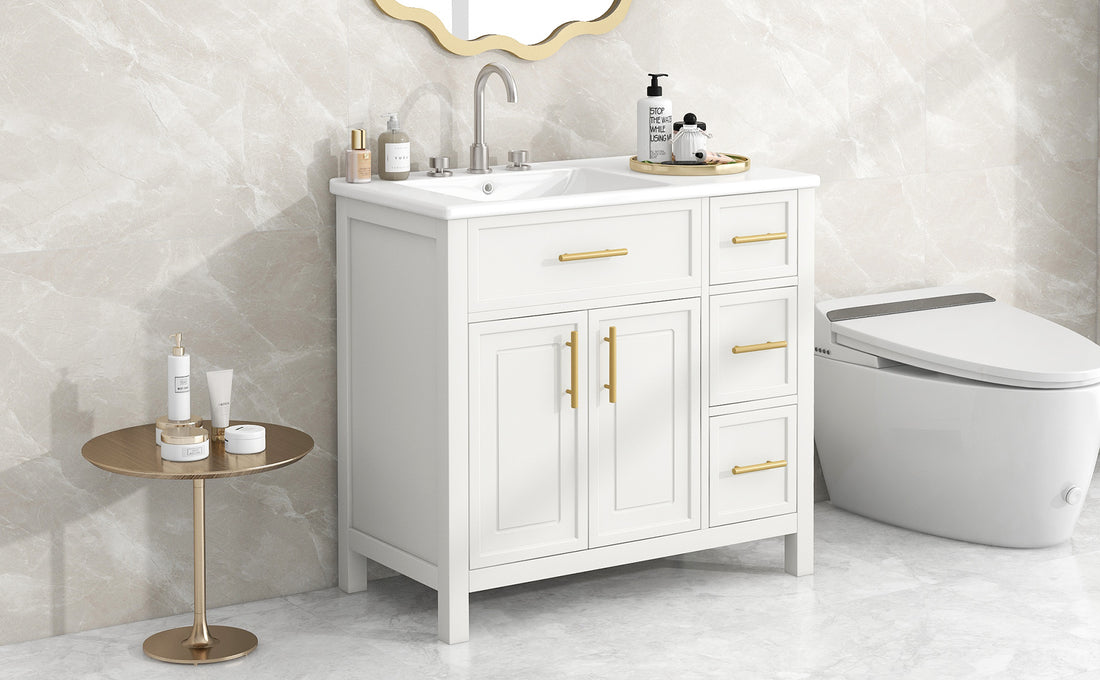 36" Bathroom Vanity With Sink Top, Bathroom Vanity Cabinet With Two Doors And Three Drawers, Solid Woodmdf Boards ,One Package, White Old Sku:Wf319757Aak White Solid Wood Mdf