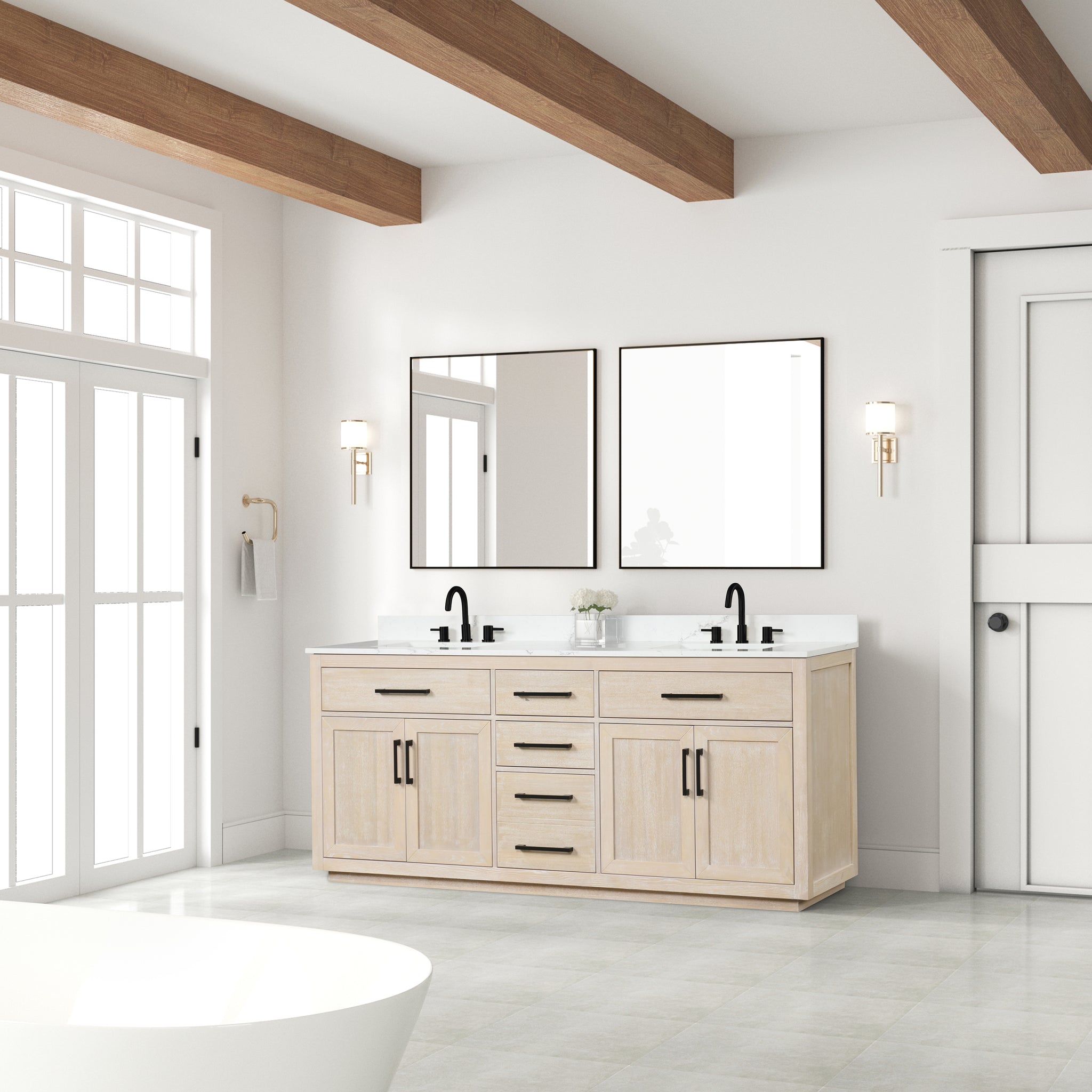 80" Bathroom Vanity With Double Sink, Freestanding Modern Bathroom Vanity With Soft Close Cabinet And 3 Drawers, Solid Wood Bathroom Storage Cabinet With Quartz Countertop, Milk Oak Light Oak Bathroom Modern Solid Wood