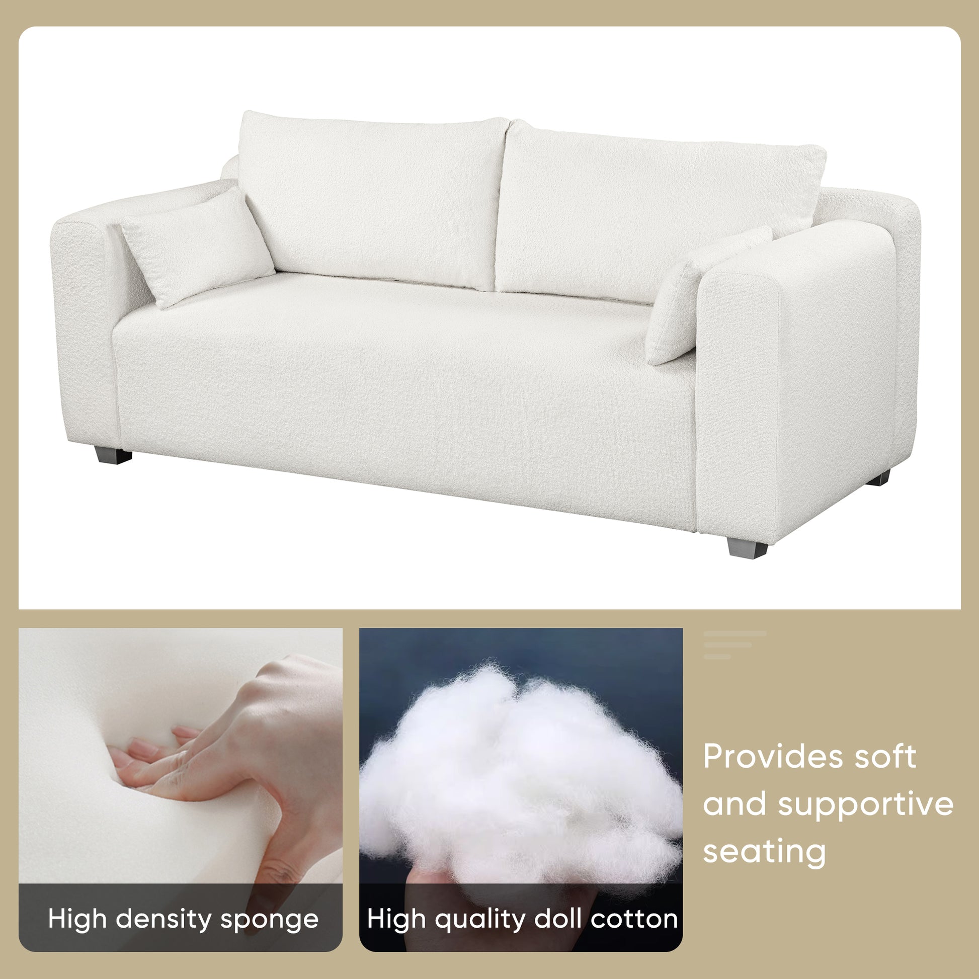 82*36" Modern Loop Yarn Fabric Sofa, One Piece Seat Frame, Minimalist 2 3 Seat Couch Easy To Install, Loveseats With Extra Wide Domed Arms For Living Room, Bedroom, Apartment, Office 2 Pillows White Fabric