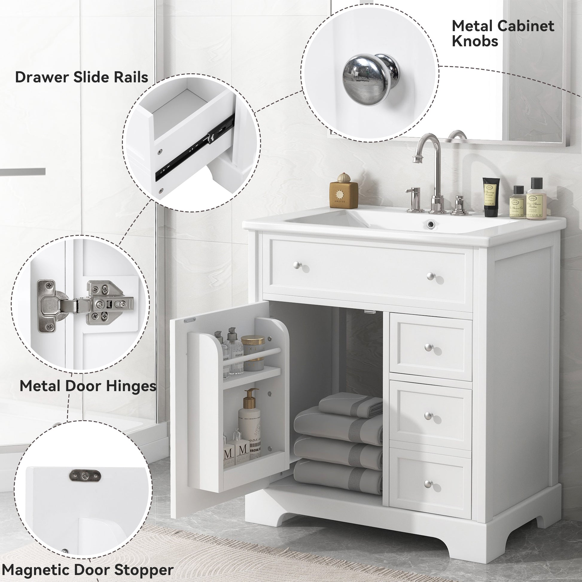 30" Bathroom Vanity With Sink Top, Bathroom Vanity Cabinet With Door And Two Drawers, Mdf Boards, Solid Wood, One Package, White White Solid Wood Mdf