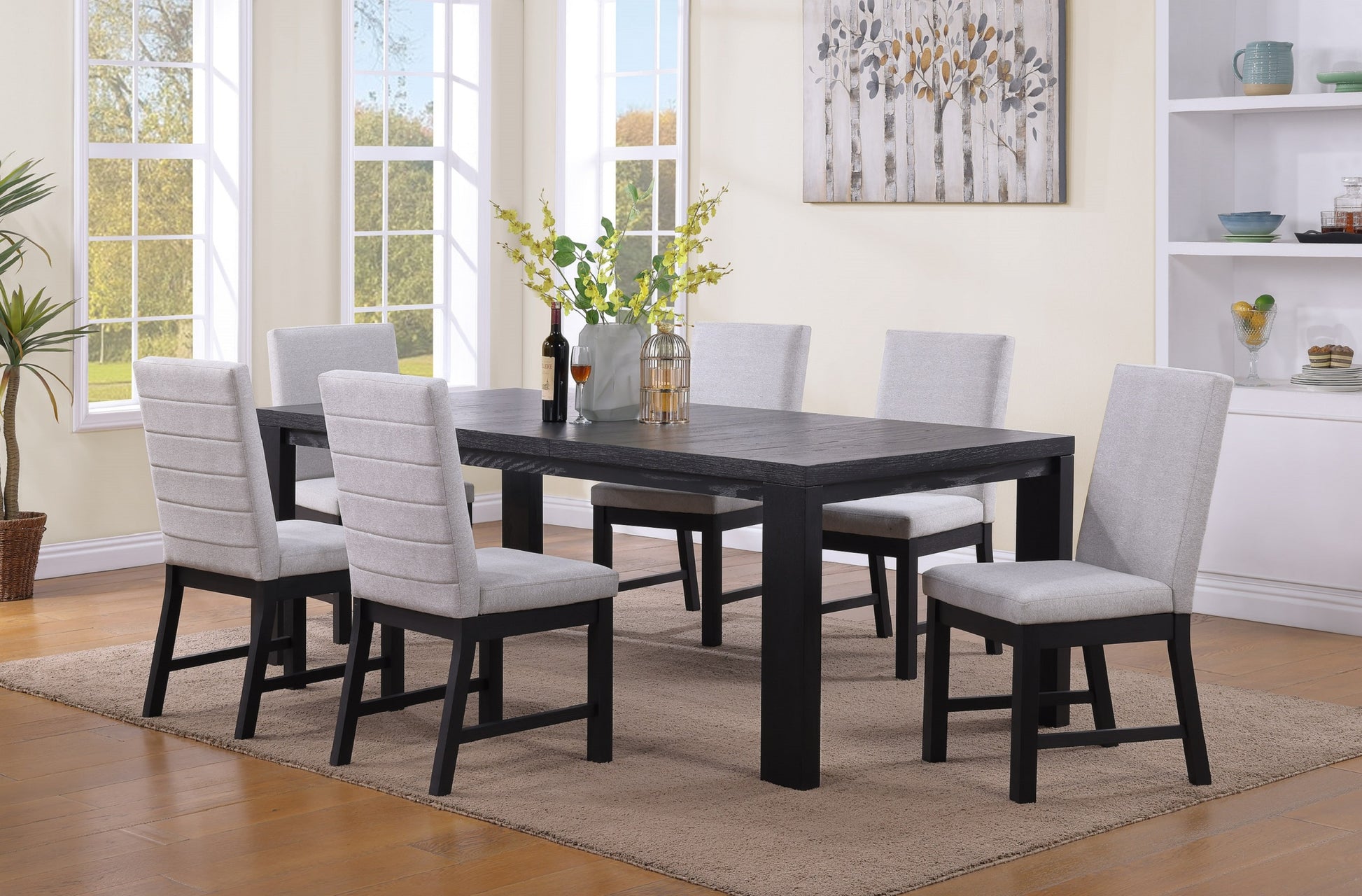 7 Pc Contemporary Dining Set 18" Leaf Extendable Formal Table Rectangular Grey Fabric Upholstery Chairs Black Finish Transitional Contemporary Dining Room Wooden Furniture Wood Wood Black Seats 6 Wood Dining Room Extendable Contemporary,Transitional