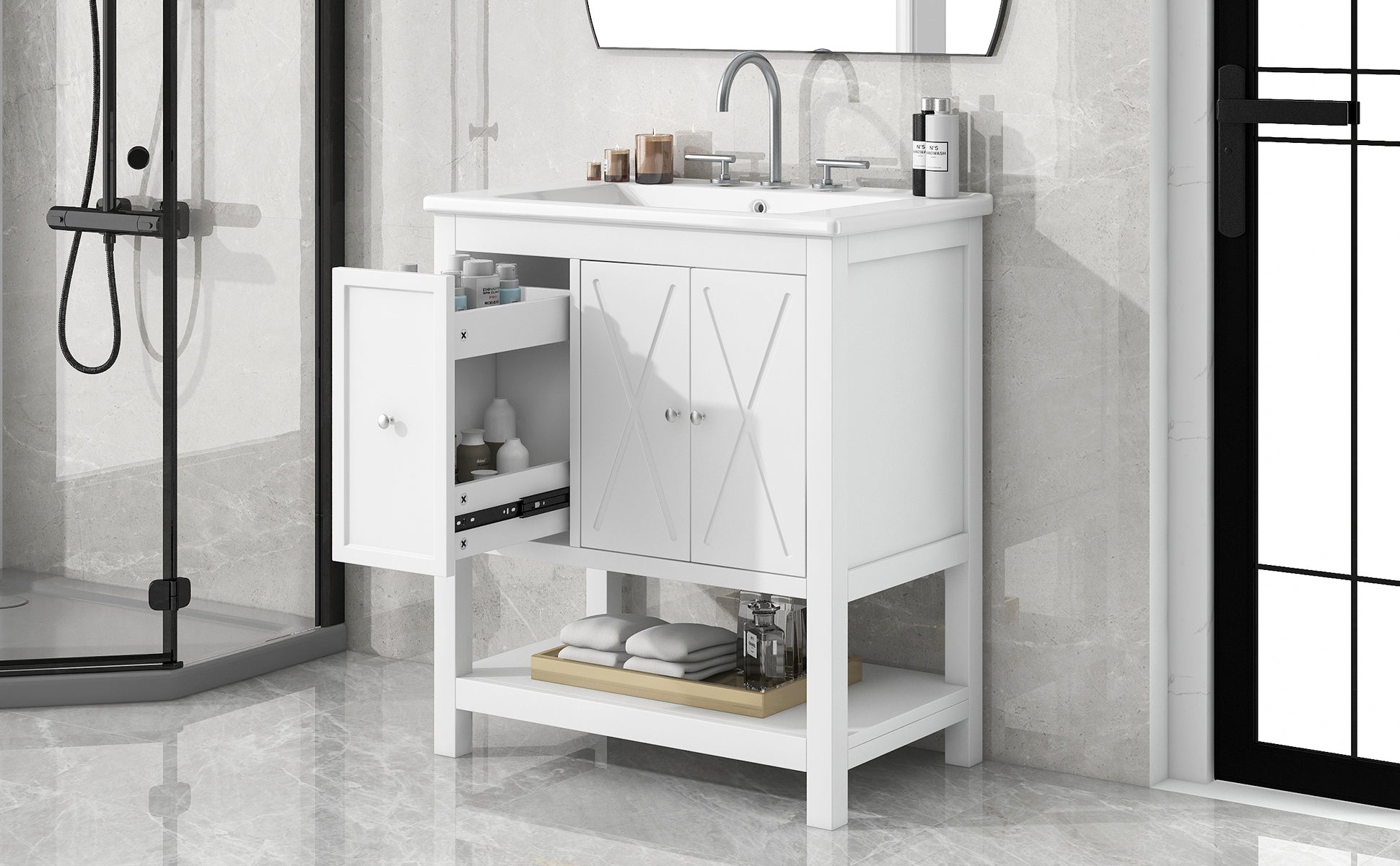 30" Bathroom Vanity With Sink Top, Bathroom Vanity Cabinet With Two Doors And One Drawer, Mdf Boards, Solid Wood, One Package, White White Solid Wood Mdf