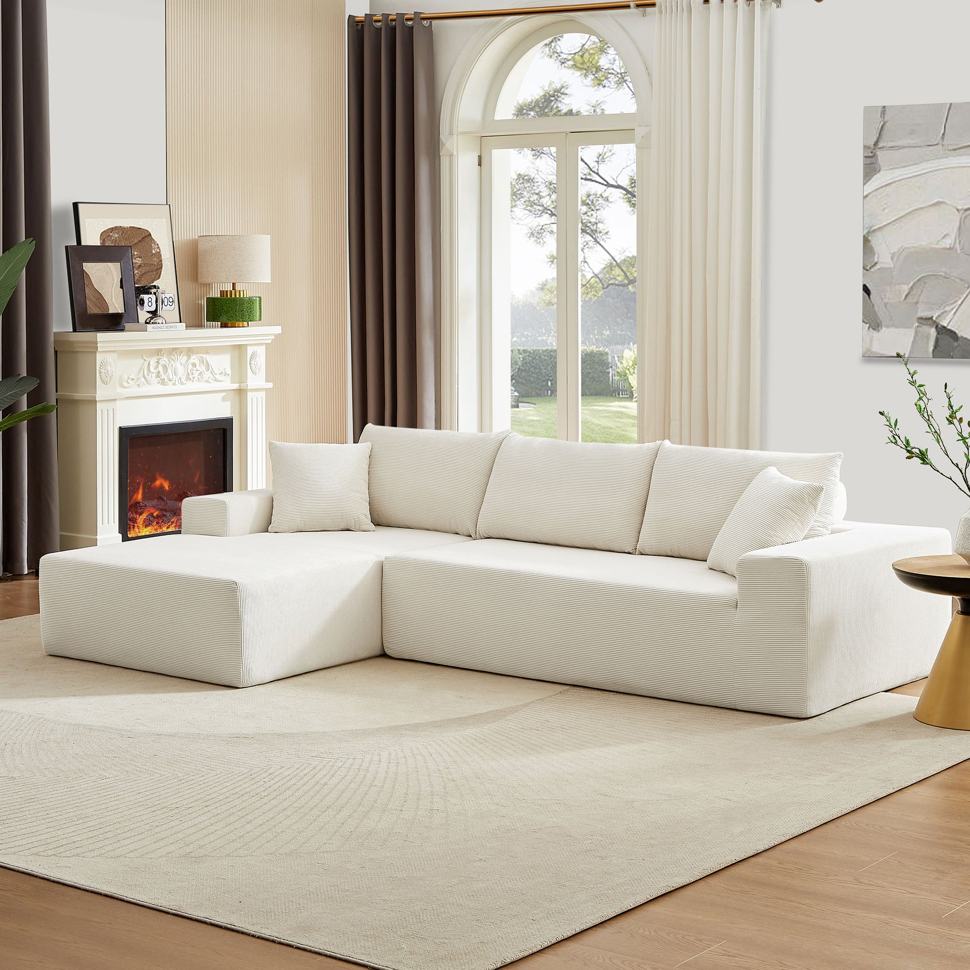 Modern Minimalist Style Corduroy Couch, Upholstered Sleeper Sofa For Living Room, Bedroom, Salon, 2 Pc Free Combination, L Shape, Right Hand Facing Sectional Sofa Beige Corduroy 3 Seat