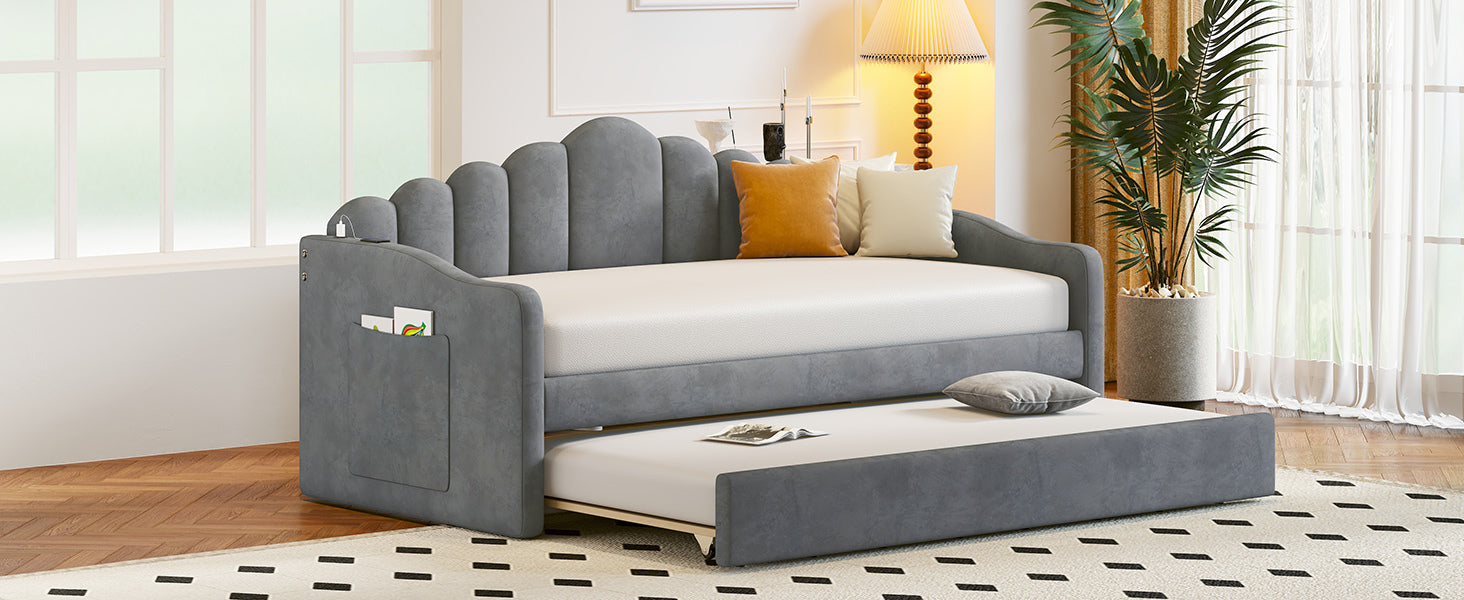 Twin Size Upholstered Daybed With Trundle ,Velvet Sofabed With Usb Charging Ports,No Box Spring Needed,Gray Twin Gray Velvet