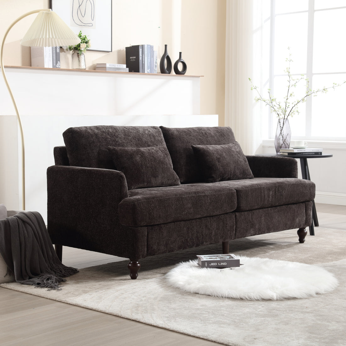 Coolmore Mid Century Modern Chenille Fabric Loveseat Sofa, 2 Seat Upholstered Loveseat Sofa Modern Couch For Living Room,Brown Wood Feet Sofa For Bedroom, Reading Black Chenille Black Chenille 2 Seat