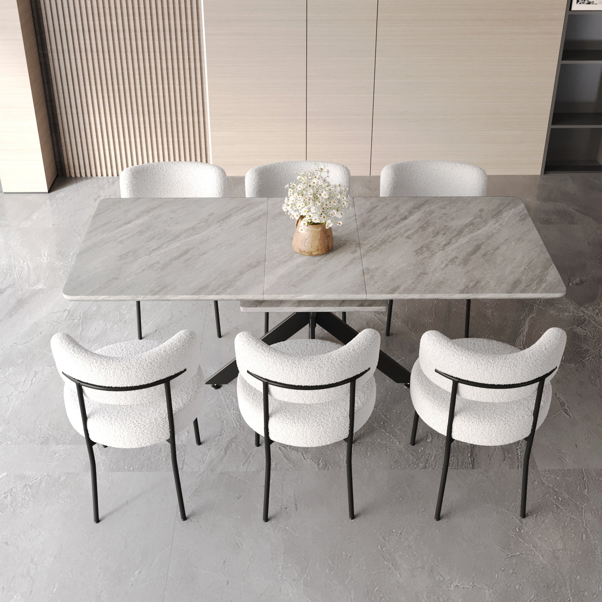 Extendable Dining Table Table Set For 6 8 Person For Dining Room,Curved Backrest Round Upholstered Soft Padded Armless Dining Chairs And Very Large Dining Room Table Kitchen Table Chair Set Grey White Mdf Metal