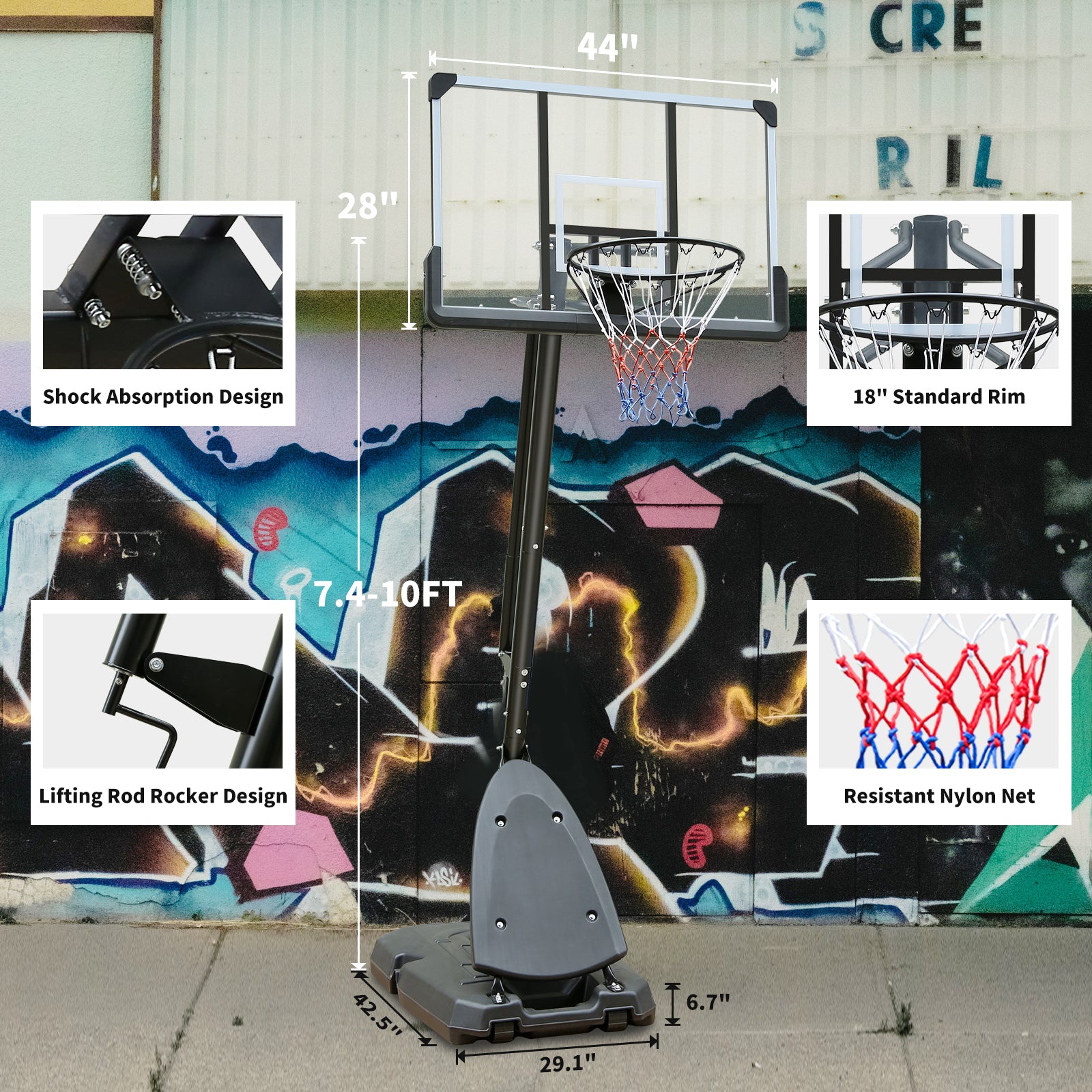 Use For Outdoor Height Adjustable 7.5 To 10Ft Basketball Hoop 44 Inch Backboard Portable Basketball Goal System With Stable Base And Wheels Balls Sports Transparent Garden & Outdoor Sporty Iron