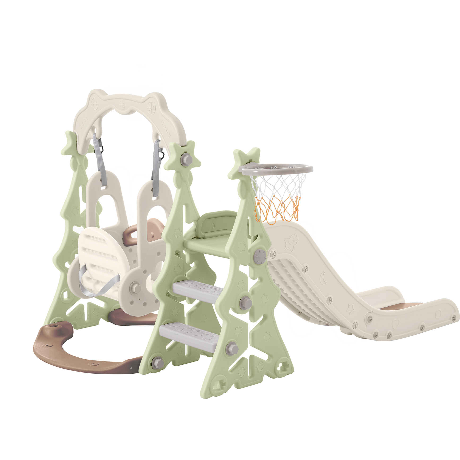 Toddler Slide And Swing Set 3 In 1, Kids Playground Climber Swing Playset With Basketball Hoops Freestanding Combination Indoor & Outdoor Green Hdpe