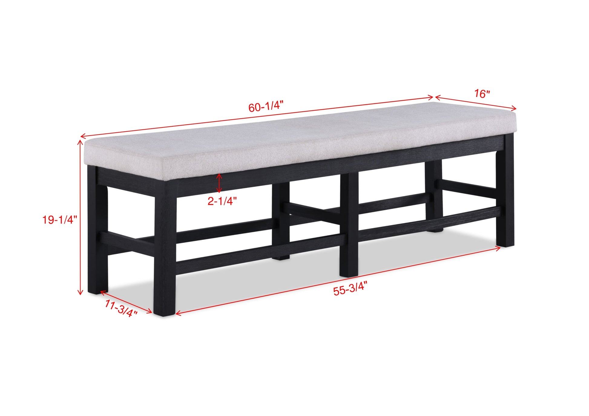 1Pc Black Finish Standard Height Long Bench Gray Fabric Upholstered Seat Contemporary Transitional Style Dining Room Wooden Furniture Black Dining Room Rectangular Grey Transitional Wood