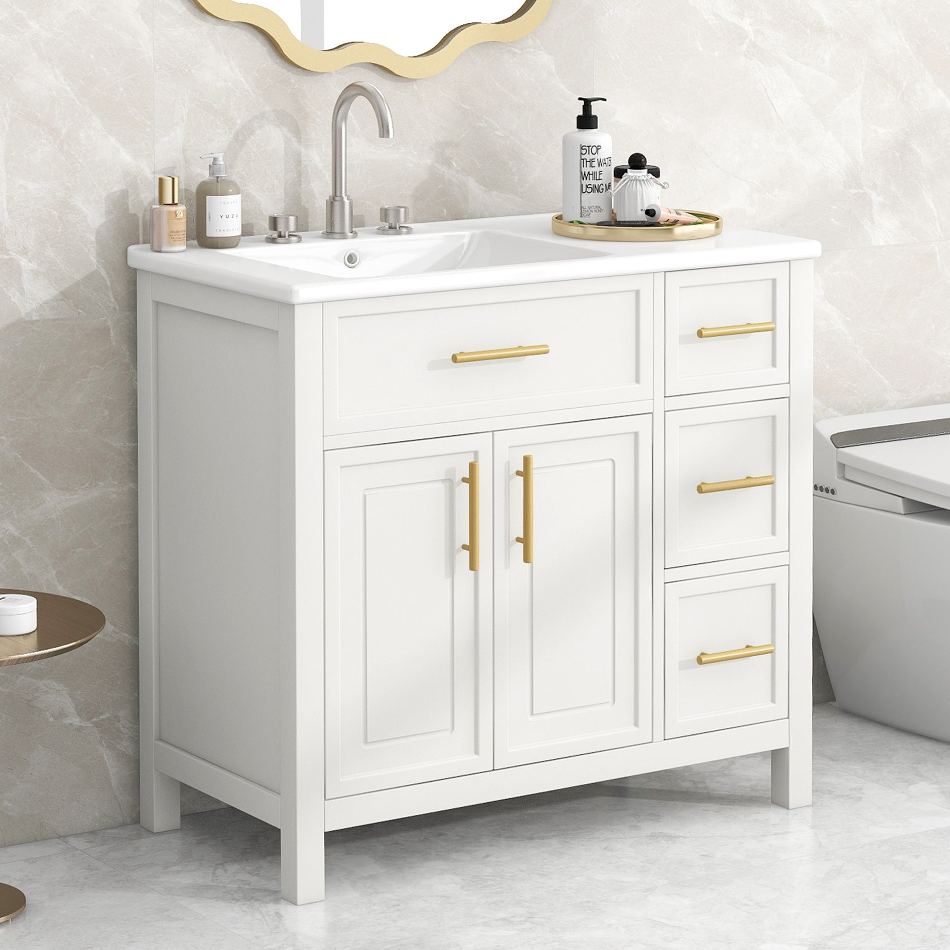 36" Bathroom Vanity With Sink Top, Bathroom Vanity Cabinet With Two Doors And Three Drawers, Solid Woodmdf Boards ,One Package, White Old Sku:Wf319757Aak White Solid Wood Mdf