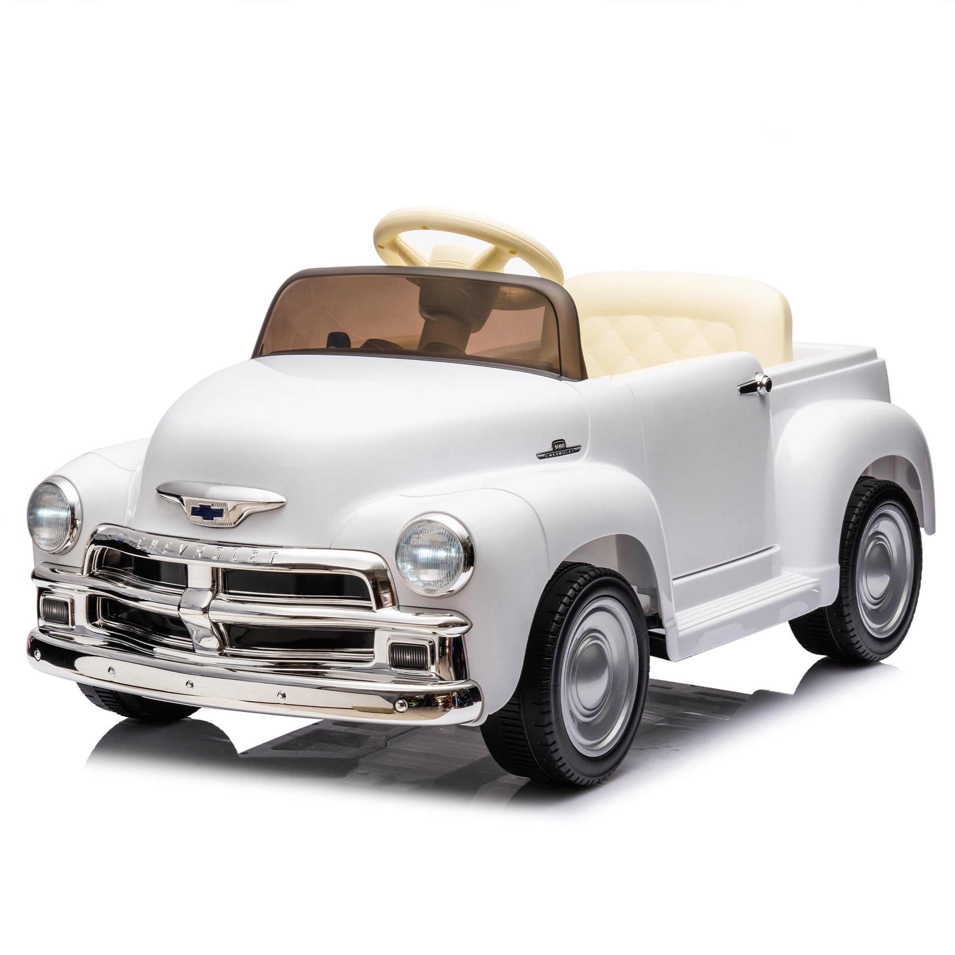 12V Kids Ride On Truck Car W Parents Control, Licensed Chevrolet 3100 Pickup,Electric Car For Kid,Vintage Modeling,3 Speeds,Led Lights,Bluetooth,Usb,High Power Up To 3.11 Mph,Age 3 White Polypropylene