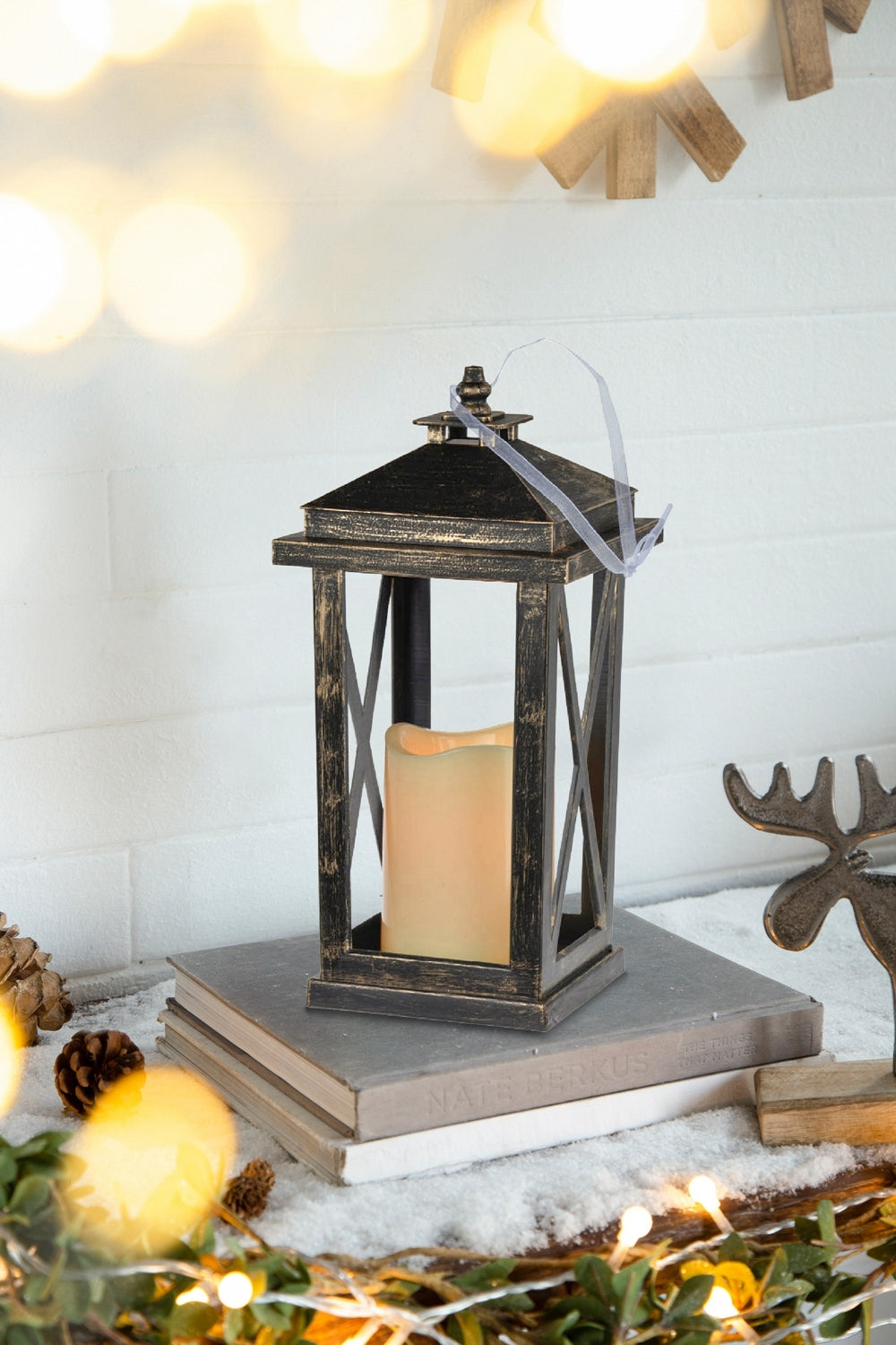 Set Of 2 Menifee Lantern With Led Candle, Tall 5X5X11" Antique Black Antique,Contemporary,Modern Plastic
