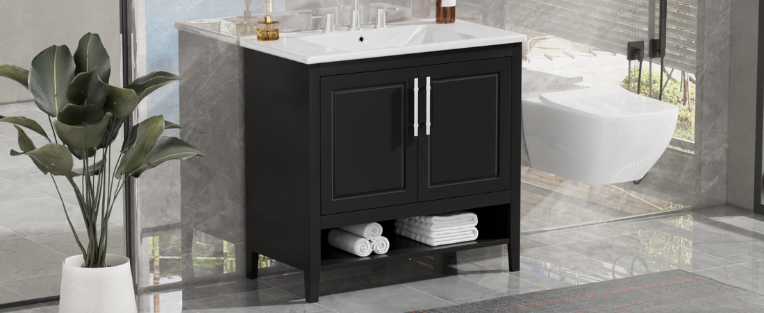 36" Bathroom Vanity With Sink, Multi Functional Bathroom Cabinet With Doors And Drawers, Mdf Frame And Mdf Board, Black Black Solid Wood Mdf