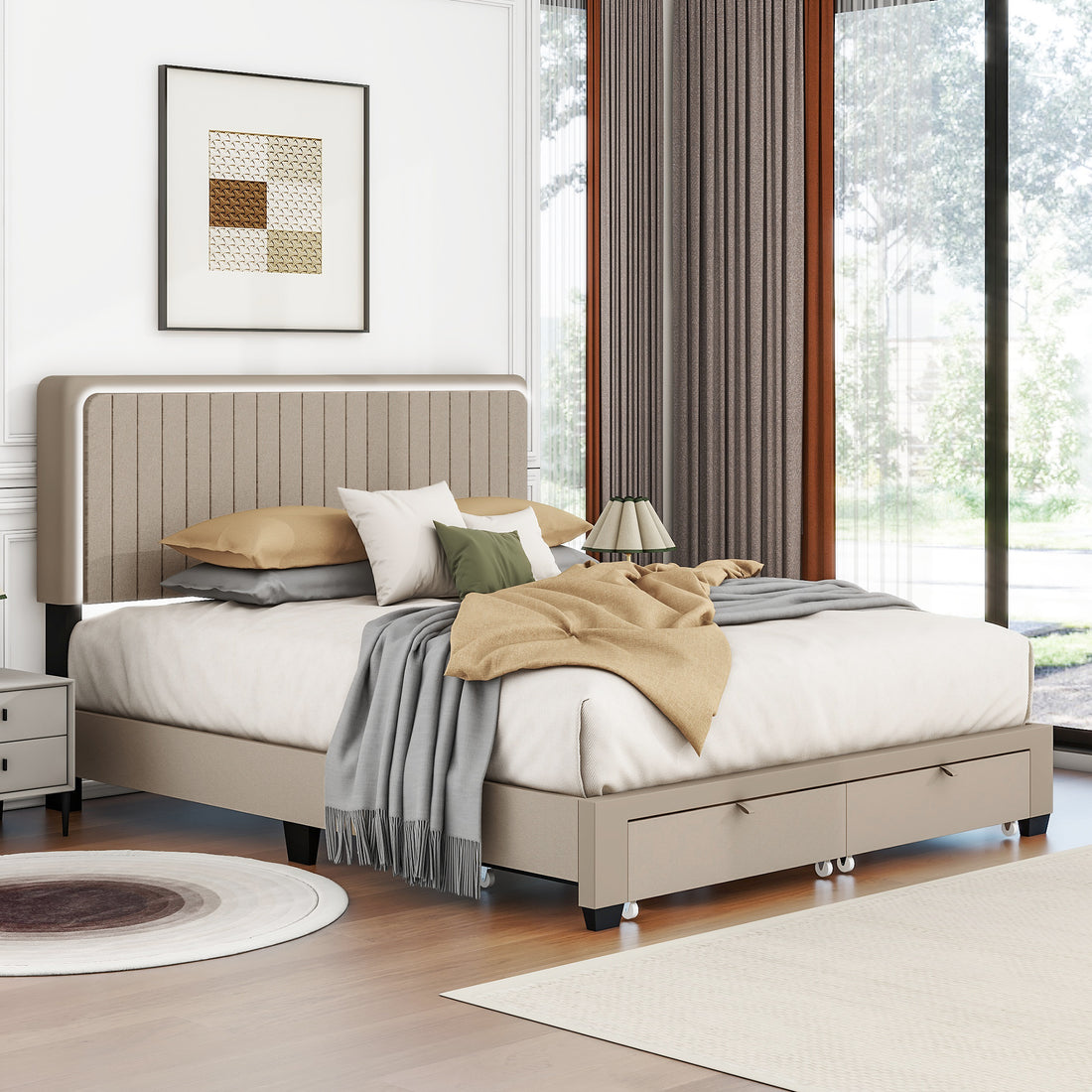 Queen Size Upholstered Bed With Adjustable Height Mattress 10 To 14 Inches Led Design With Footboard Drawers Storage No Box Spring Required Beige Box Spring Not Required Queen Beige Wood Espresso Bedroom American