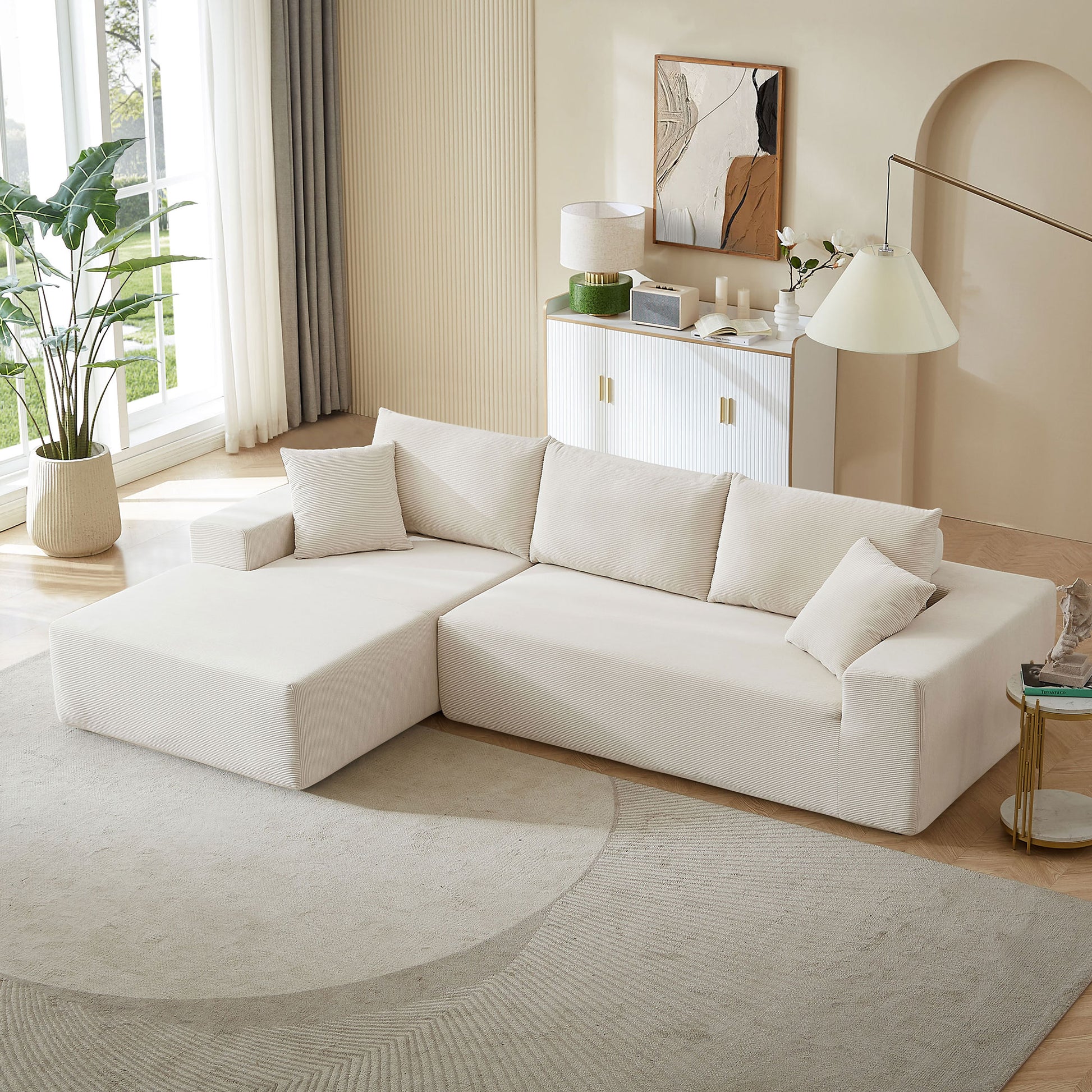 Modern Minimalist Style Corduroy Couch, Upholstered Sleeper Sofa For Living Room, Bedroom, Salon, 2 Pc Free Combination, L Shape, Right Hand Facing Sectional Sofa Beige Corduroy 3 Seat