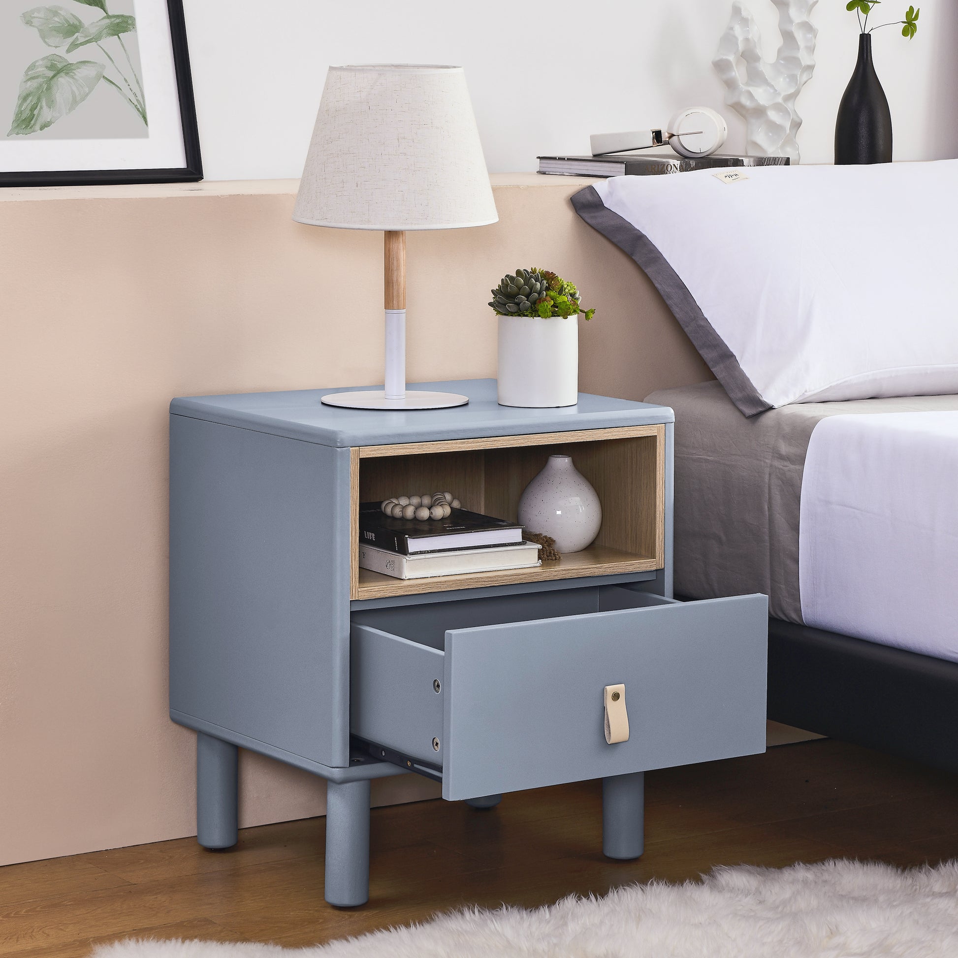 Single Drawer Bedside Table, Modern Style Bedside Table, Wooden Bedside Table, Bedside Table With Drawer, Side Table With Drawer, Compact Bedside Table, Nordic Style Bedside Table Blue Solid Wood