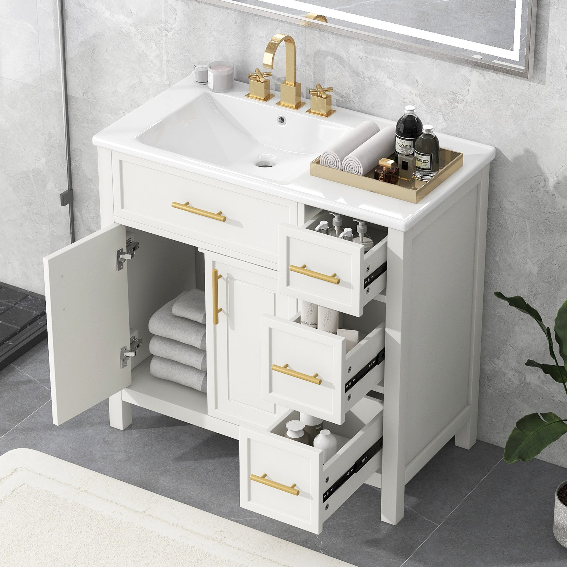 36" Bathroom Vanity With Sink Top, Bathroom Vanity Cabinet With Two Doors And Three Drawers, Solid Woodmdf Boards ,One Package, White White Solid Wood Mdf