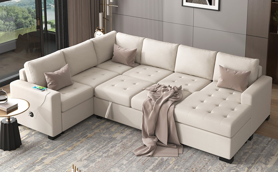 Sectional Sleeper Sofa With Pull Out Bed And Lounge Chair, Usb And Type C Interfaces, Suitable For Living Room, Office, And Spacious Spaces Beige Polyester