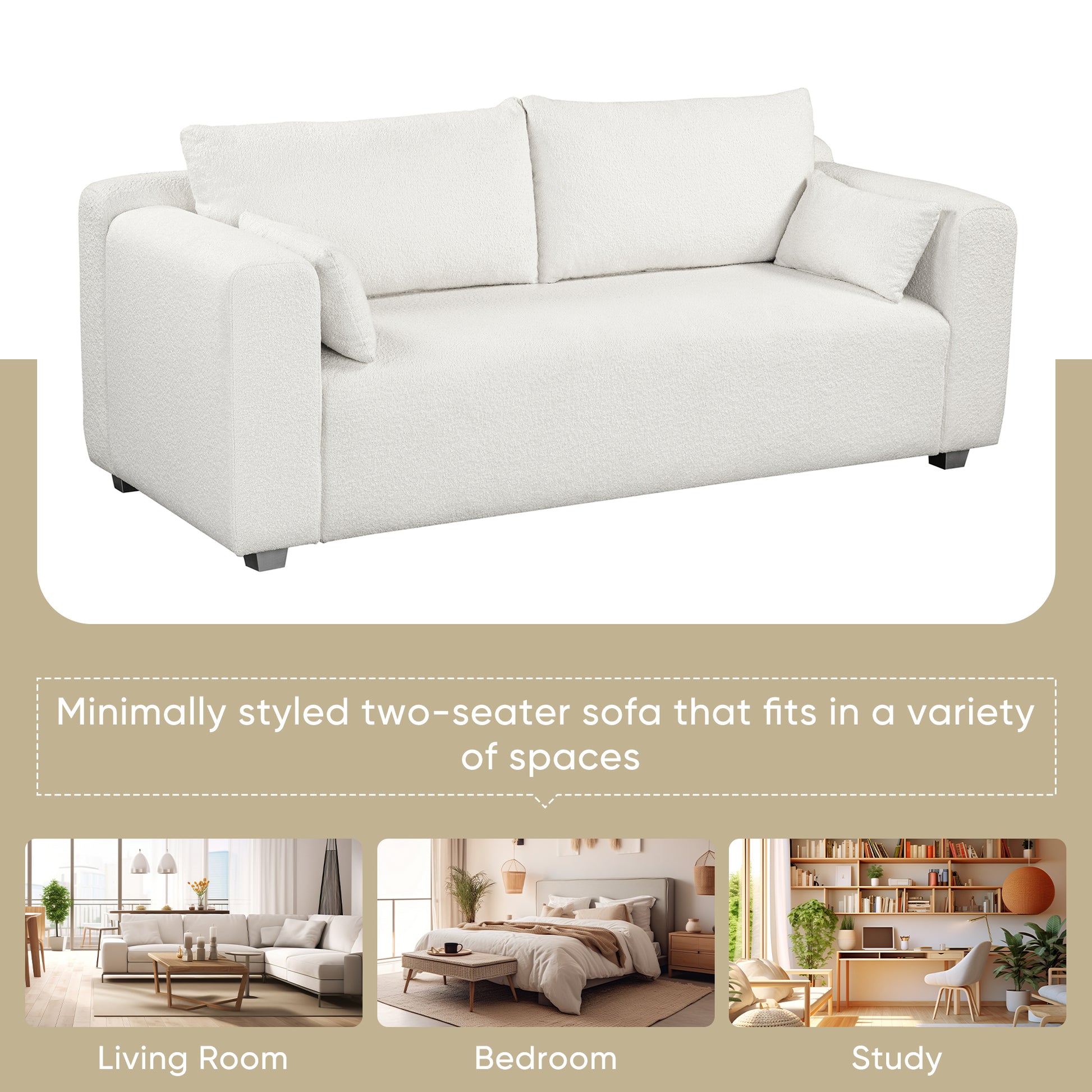 82*36" Modern Loop Yarn Fabric Sofa, One Piece Seat Frame, Minimalist 2 3 Seat Couch Easy To Install, Loveseats With Extra Wide Domed Arms For Living Room, Bedroom, Apartment, Office 2 Pillows White Fabric