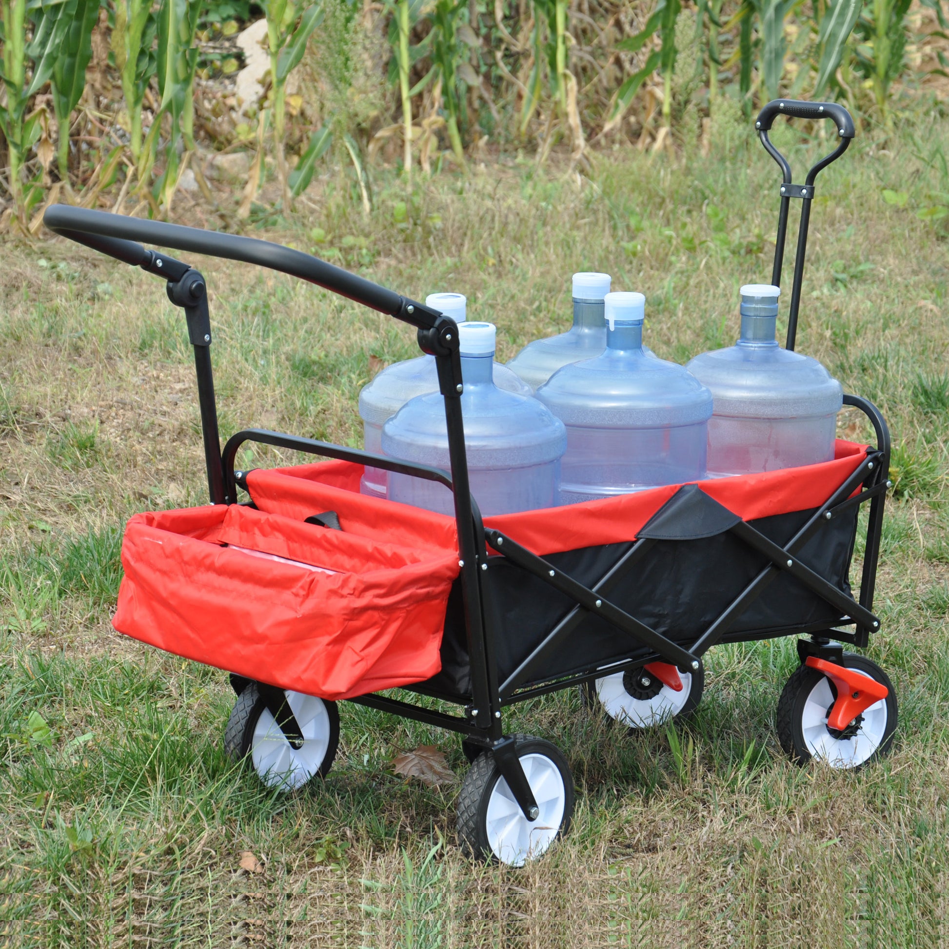 Folding Wagon Collapsible Outdoor Utility Wagon, Heavy Duty Folding Garden Portable Hand Cart, Drink Holder, Adjustable Handles Black Red Colour Black Red Abs Rubber Steel Q235