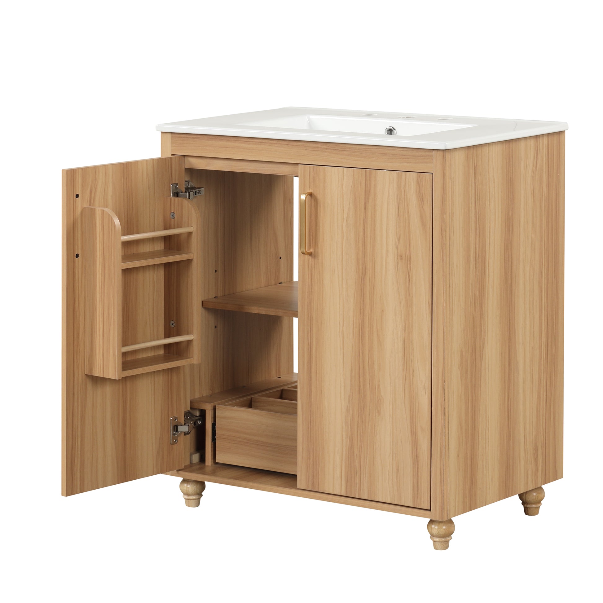 30" Bathroom Vanity With Sink Combo, Multi Functional Bathroom Cabinet With Doors And Drawer, Mdf Board, Natural Natural Solid Wood Mdf