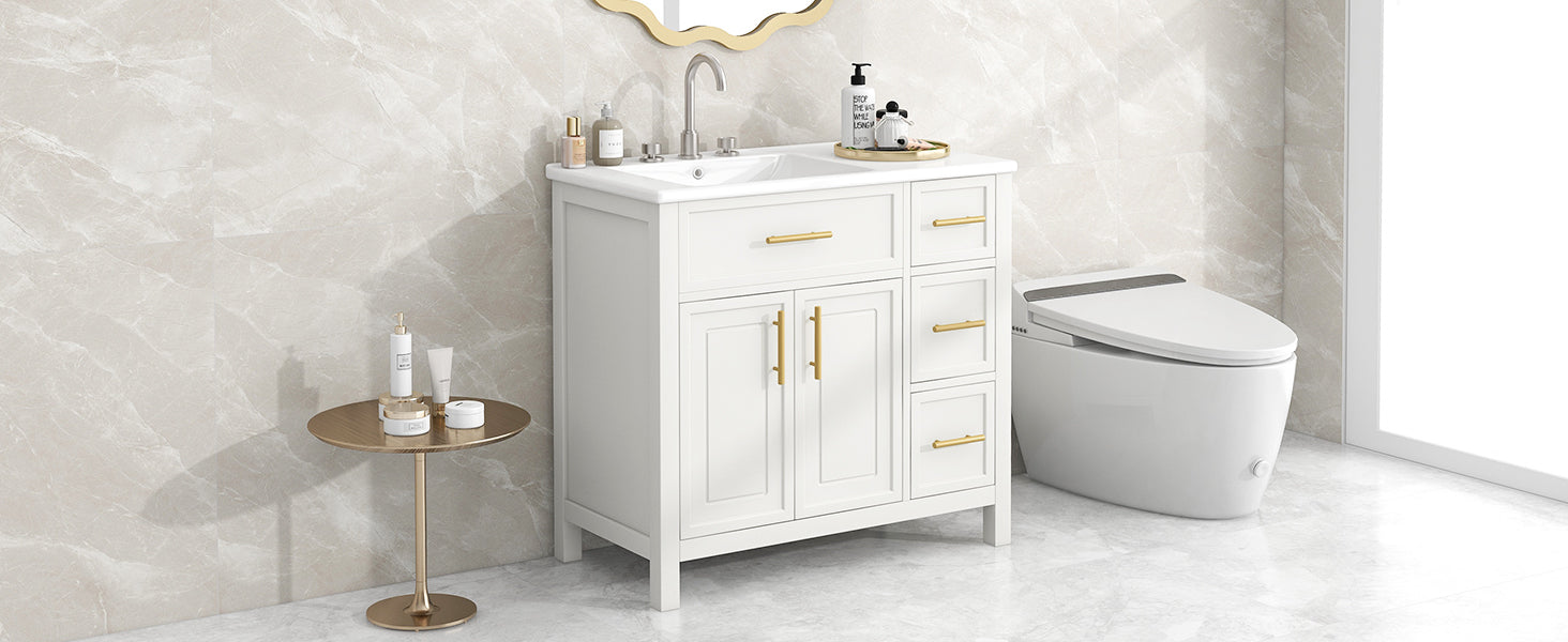 36" Bathroom Vanity With Sink Top, Bathroom Vanity Cabinet With Two Doors And Three Drawers, Solid Woodmdf Boards ,One Package, White Old Sku:Wf319757Aak White Solid Wood Mdf