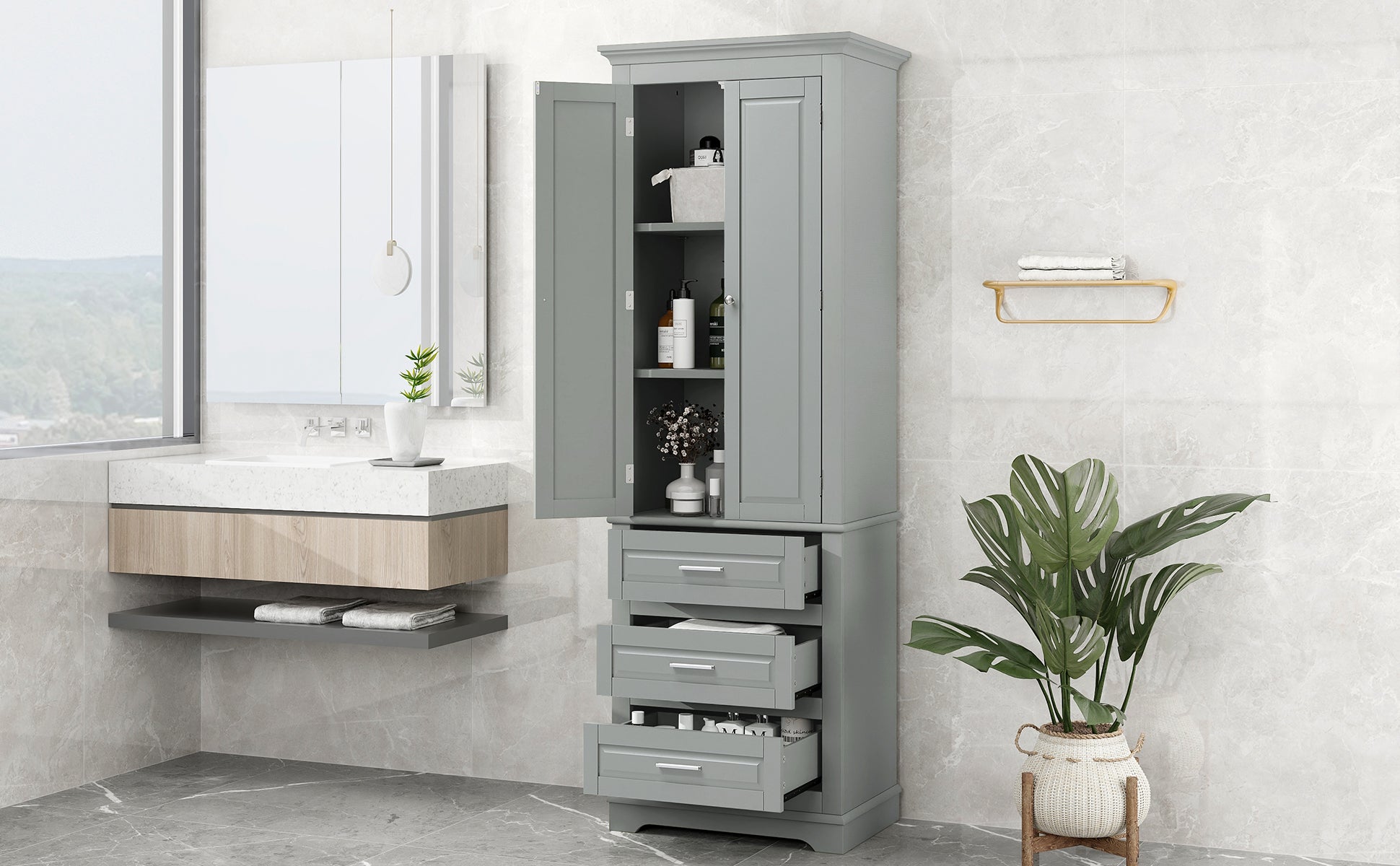 Tall Storage Cabinet With Three Drawers For Bathroom Office, Grey Grey Mdf