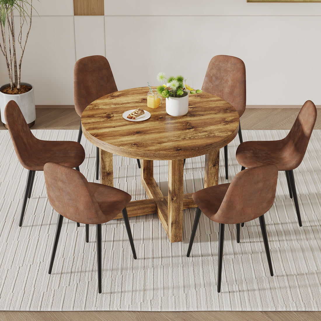 A Modern And Practical Circular Dining Table. Made Of Mdf Tabletop And Wooden Mdf Table Legs. A Set Of 6 Brown Cushioned Chairs.Ct B0501A Natural Wood Mdf