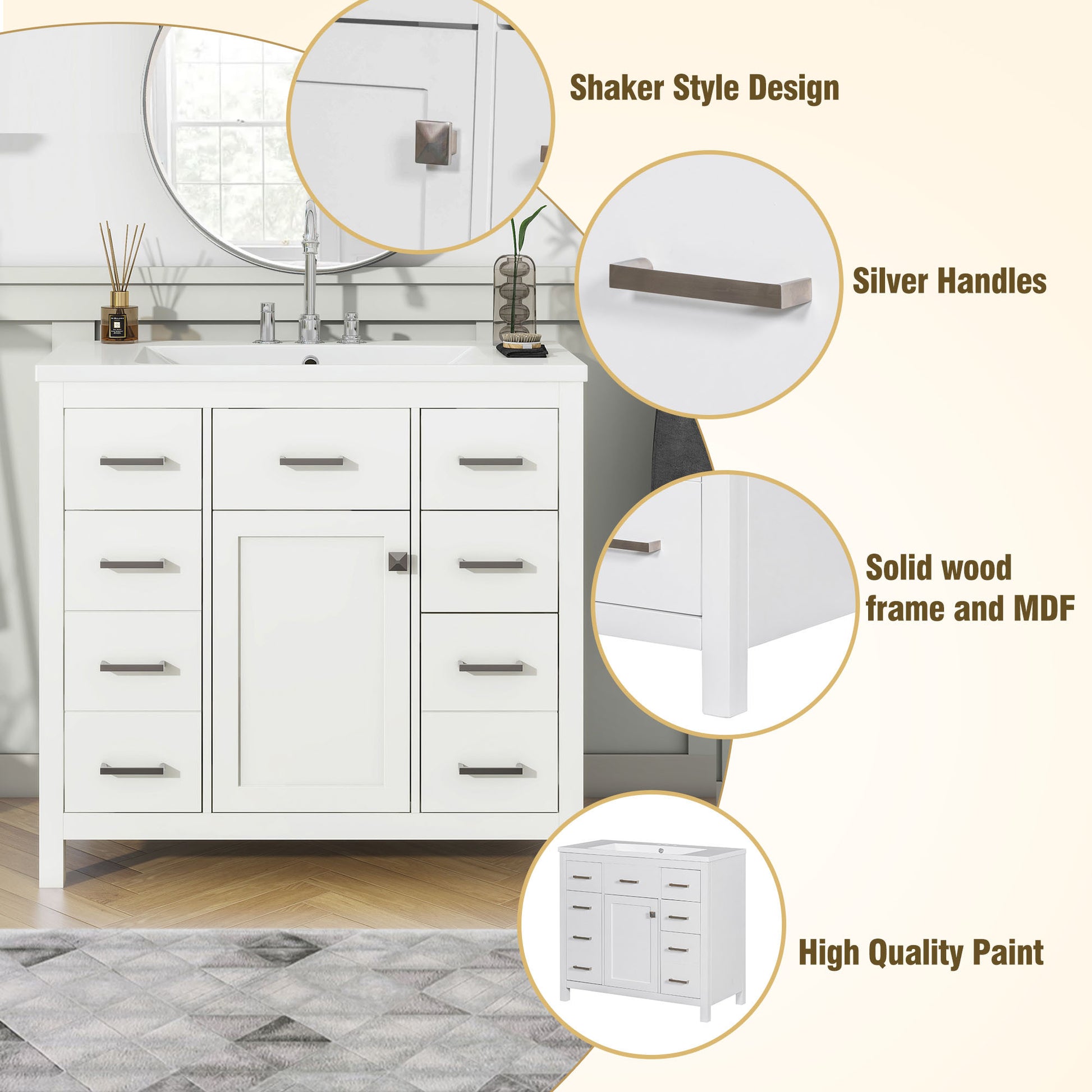 36 Inch Modern Bathroom Vanity Cabinet With Multifunctional Storage Space 5 Drawers And 1 Door White Solid Wood Mdf Resin