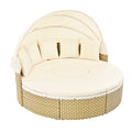 Patio Furniture Round Outdoor Sectional Sofa Set Rattan Daybed Two Tone Weave Sunbed With Retractable Canopy, Separate Seating And Removable Cushion, Beige Yes Sectional Beige Weather Resistant Frame Water Resistant Cushion Garden & Outdoor Luxury