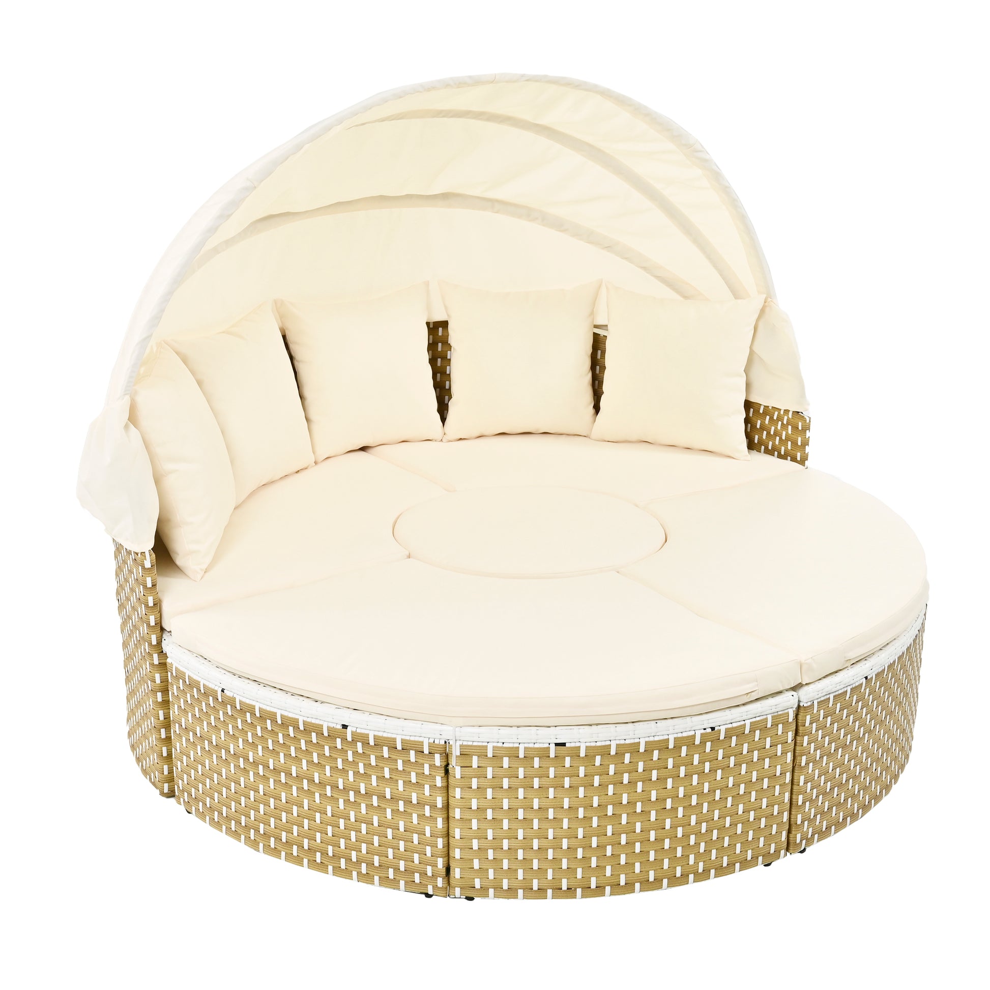Patio Furniture Round Outdoor Sectional Sofa Set Rattan Daybed Two Tone Weave Sunbed With Retractable Canopy, Separate Seating And Removable Cushion, Beige Yes Sectional Beige Weather Resistant Frame Water Resistant Cushion Garden & Outdoor Luxury