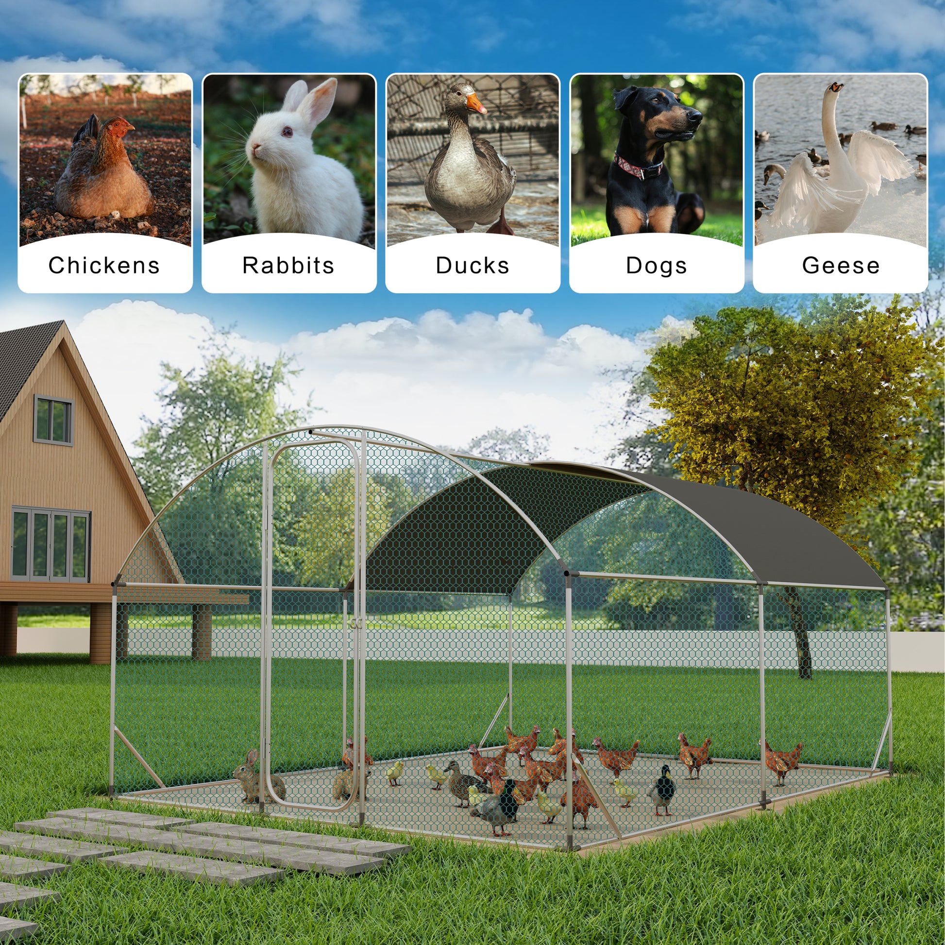 Large Metal Chicken Coop With Run, Walkin Chicken Coop For Yard With Waterproof Cover, 13.1 X 9.8 X 6.6 Ft, Dome Roof Large Poultry Cage For Hen House, Duck Coop And Rabbit Run, Silver Silver Iron