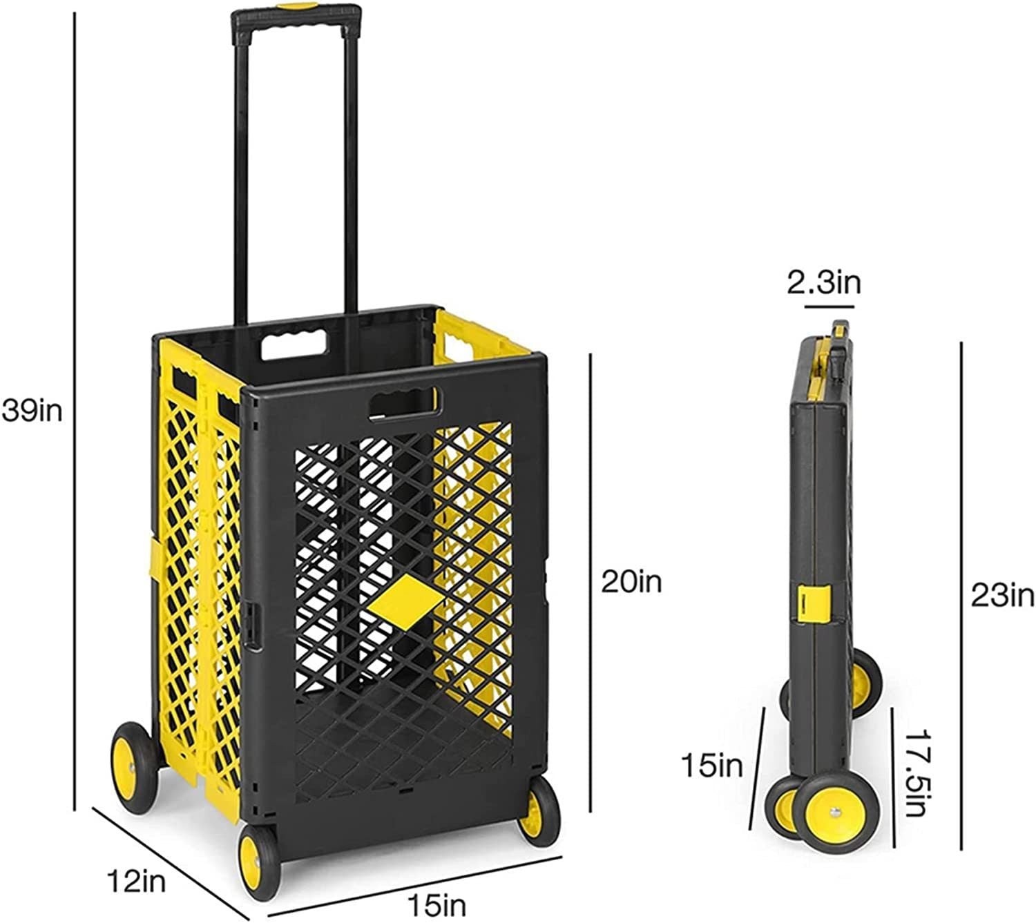 55L Foldable Rolling Cart With Wheels, Portable Updated Utility Tools Rolling Crate W Telescopic Handle, Yellow Yellow Polypropylene