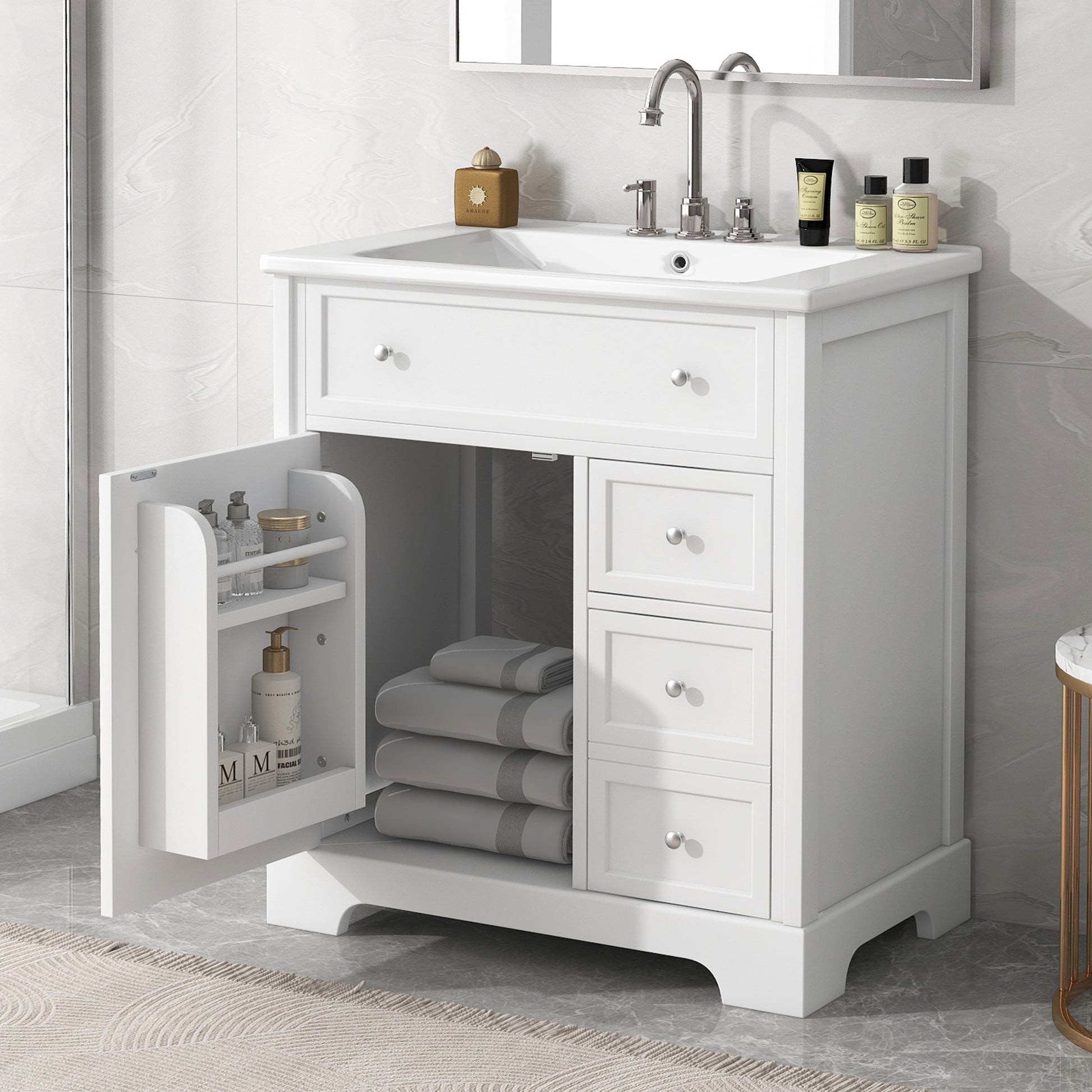 30" Bathroom Vanity With Sink Top, Bathroom Vanity Cabinet With Door And Two Drawers, Mdf Boards, Solid Wood, One Package, White White Solid Wood Mdf