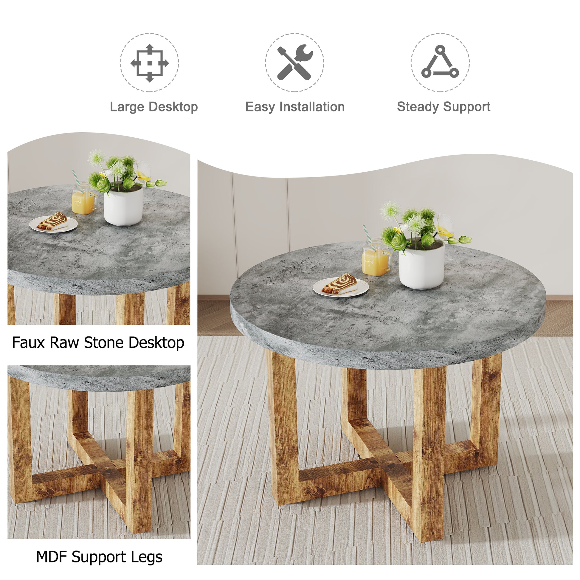 A Modern And Practical Circular Dining Table. Made Of Mdf Tabletop And Wooden Mdf Table Legs. A Set Of 6 Brown Cushioned Chairs.Ct 403B0501A Natural Wood Mdf