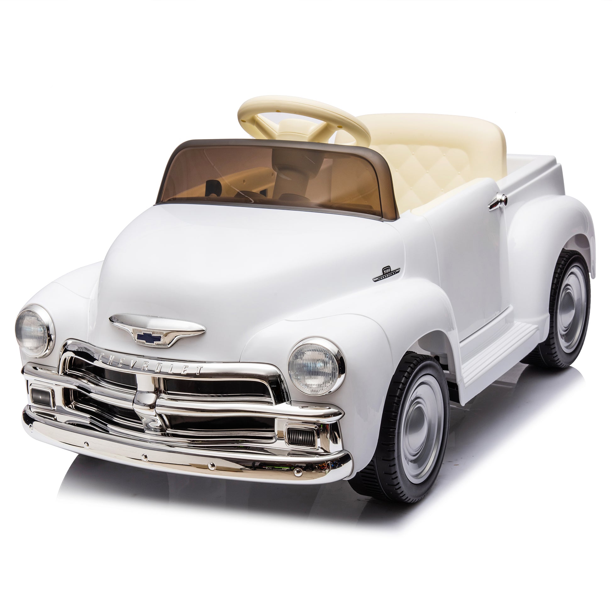 12V Kids Ride On Truck Car W Parents Control, Licensed Chevrolet 3100 Pickup,Electric Car For Kid,Vintage Modeling,3 Speeds,Led Lights,Bluetooth,Usb,High Power Up To 3.11 Mph,Age 3 White Polypropylene