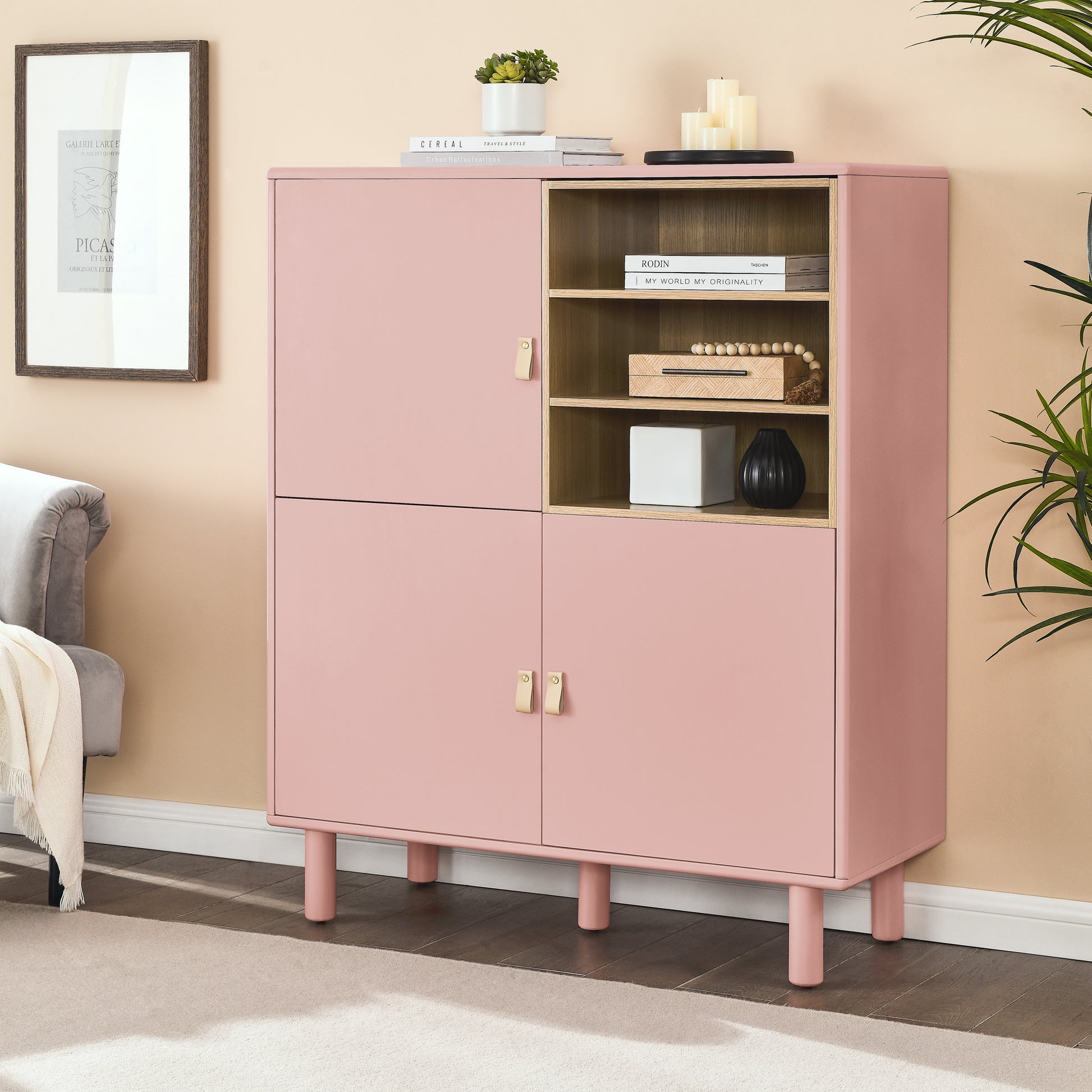 Storage Cabinet With Door, Multifunctional Storage Cabinet, Modern Sideboard Cabinet, Wooden Storage Cabinet, Leather Handle Drawer Cabinet, Home Storage Cabinet, Office Cabinet Pink Solid Wood Mdf