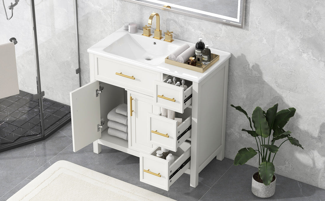 36" Bathroom Vanity With Sink Top, Bathroom Vanity Cabinet With Two Doors And Three Drawers, Solid Woodmdf Boards ,One Package, White Old Sku:Wf319757Aak White Solid Wood Mdf