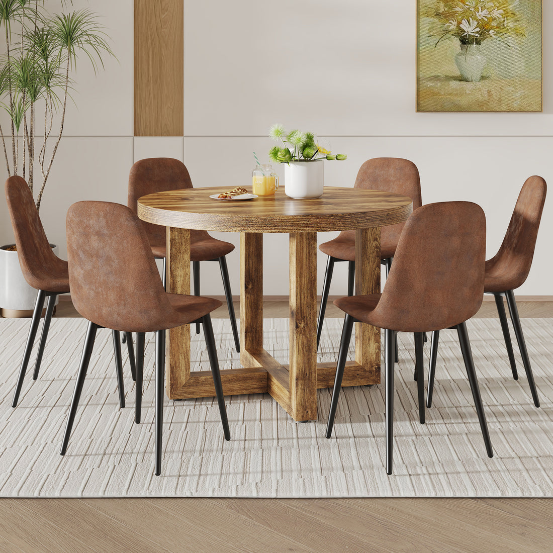 A Modern And Practical Circular Dining Table. Made Of Mdf Tabletop And Wooden Mdf Table Legs. A Set Of 6 Brown Cushioned Chairs.Ct B0501A Natural Wood Mdf