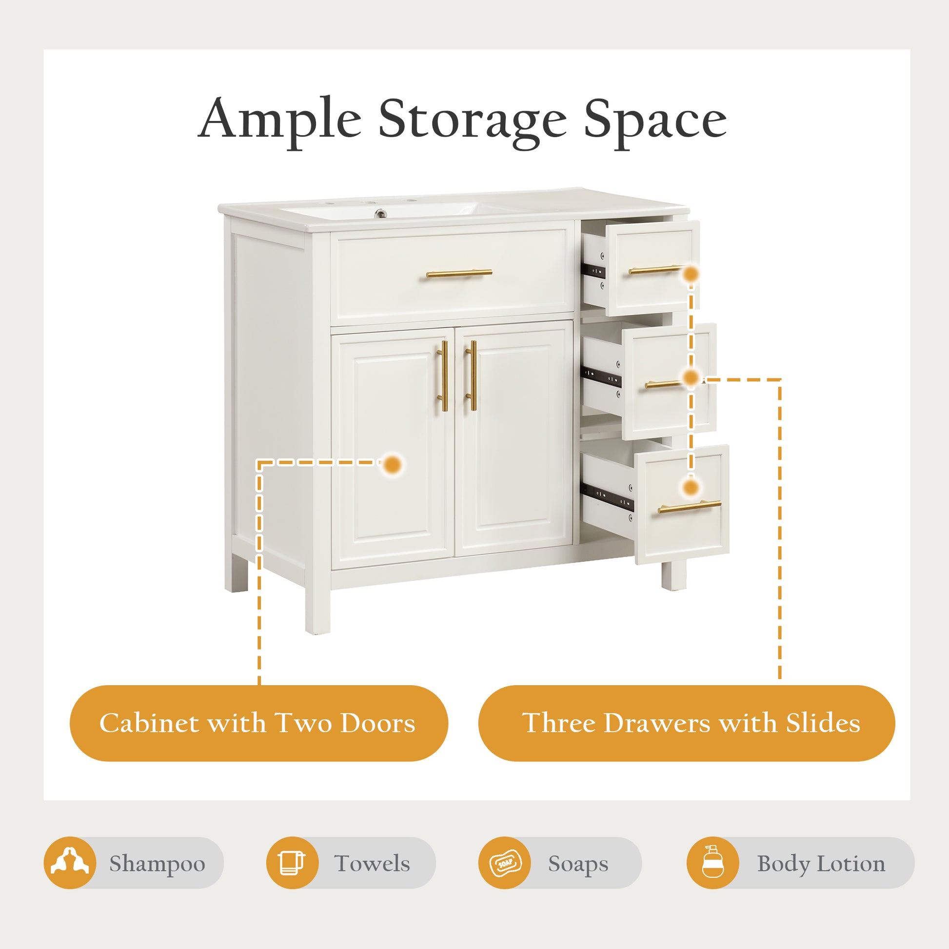 36" Bathroom Vanity With Sink Top, Bathroom Vanity Cabinet With Two Doors And Three Drawers, Solid Woodmdf Boards ,One Package, White White Solid Wood Mdf