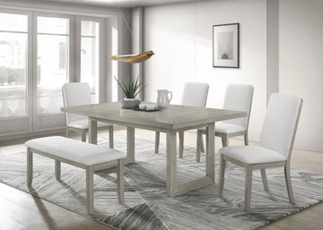 6Pc Contemporary Dining Set Double Pedestal Rectangular 18"Leaf Table Light Gray Fabric Upholstery Chair Bench Wooden Dining Room Furniture Wood Wood Light Gray Seats 6 Wood Dining Room Extendable Contemporary,Transitional Rectangular Trestle Rectangular