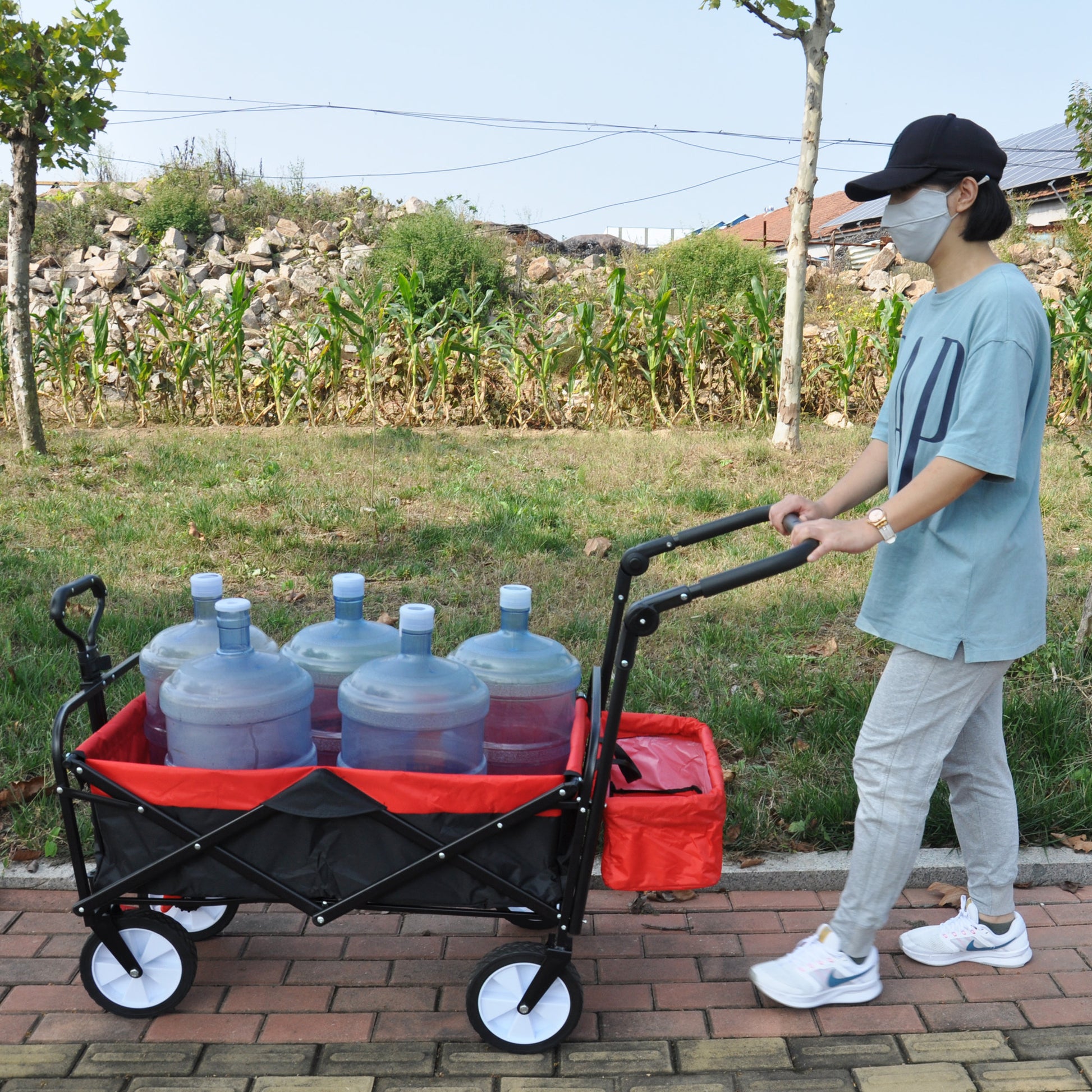 Folding Wagon Collapsible Outdoor Utility Wagon, Heavy Duty Folding Garden Portable Hand Cart, Drink Holder, Adjustable Handles Black Red Colour Black Red Abs Rubber Steel Q235