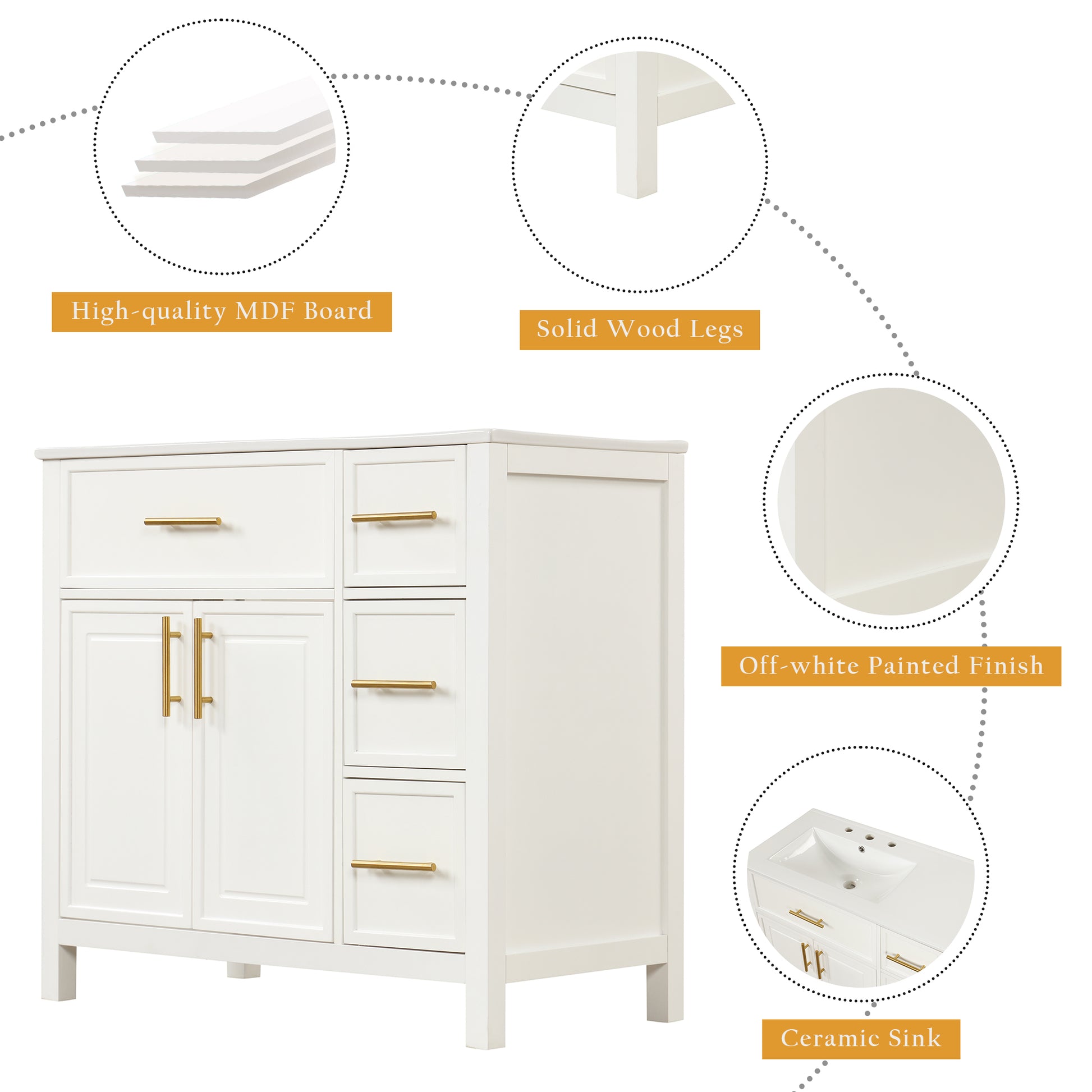 36" Bathroom Vanity With Sink Top, Bathroom Vanity Cabinet With Two Doors And Three Drawers, Solid Woodmdf Boards ,One Package, White Old Sku:Wf319757Aak White Solid Wood Mdf