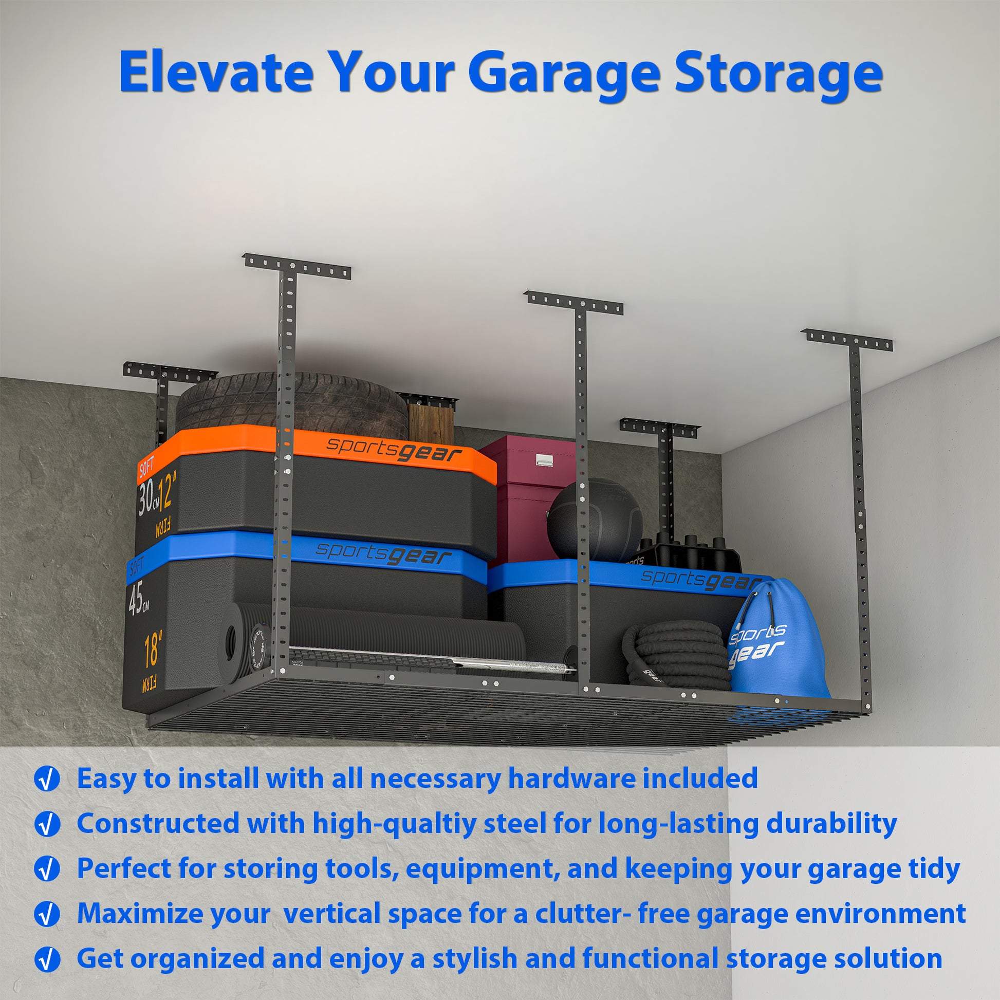 4X6Ft Overhead Garage Storage Rack,Adjustable Garage Storage Organization Systerm,Heavy Duty Metal Garage Ceiling Storage Racks,560Lbs Weight Capacity,Black Black Metal