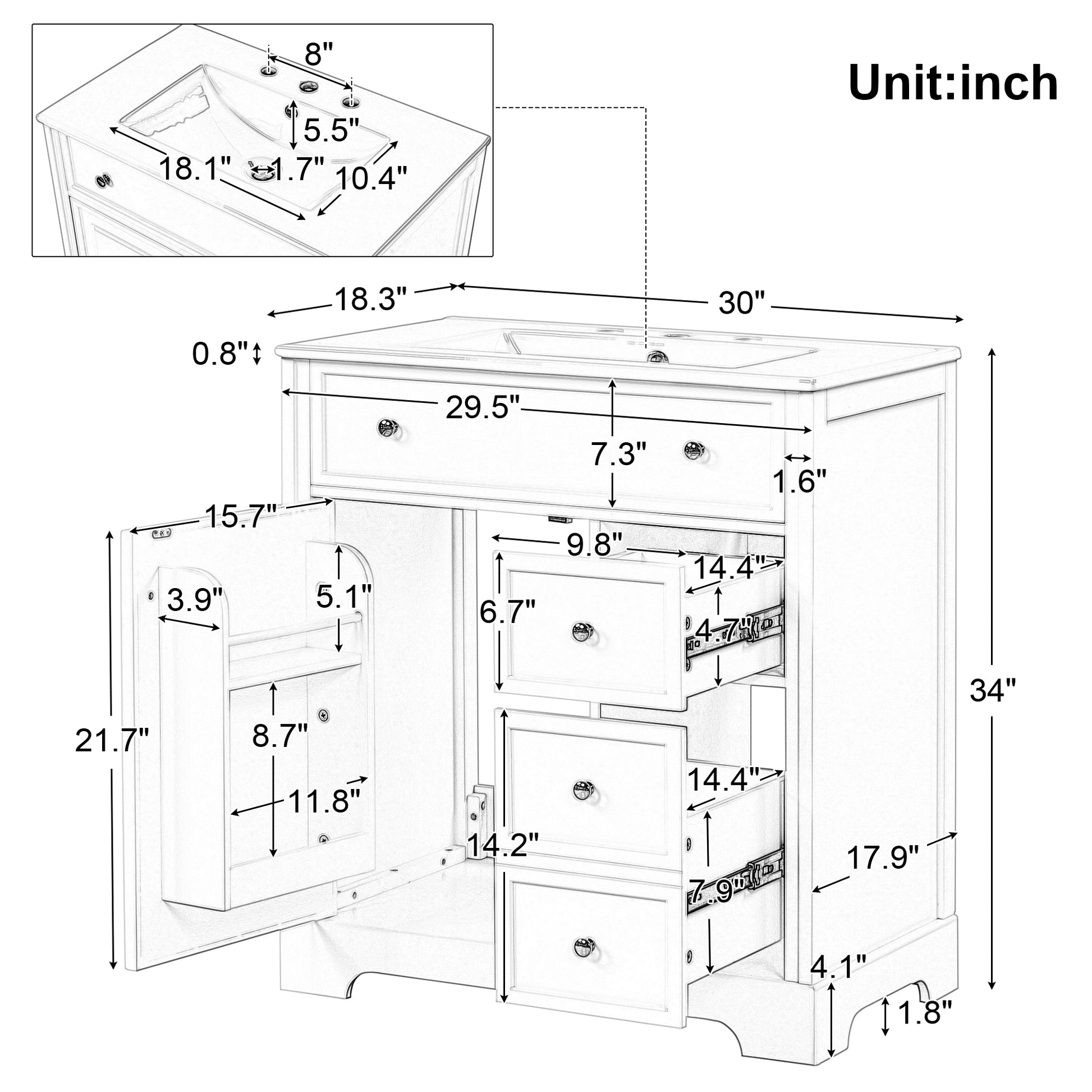 30" Bathroom Vanity With Sink Top, Bathroom Vanity Cabinet With Door And Two Drawers, Mdf Boards, Solid Wood, One Package, White White Solid Wood Mdf