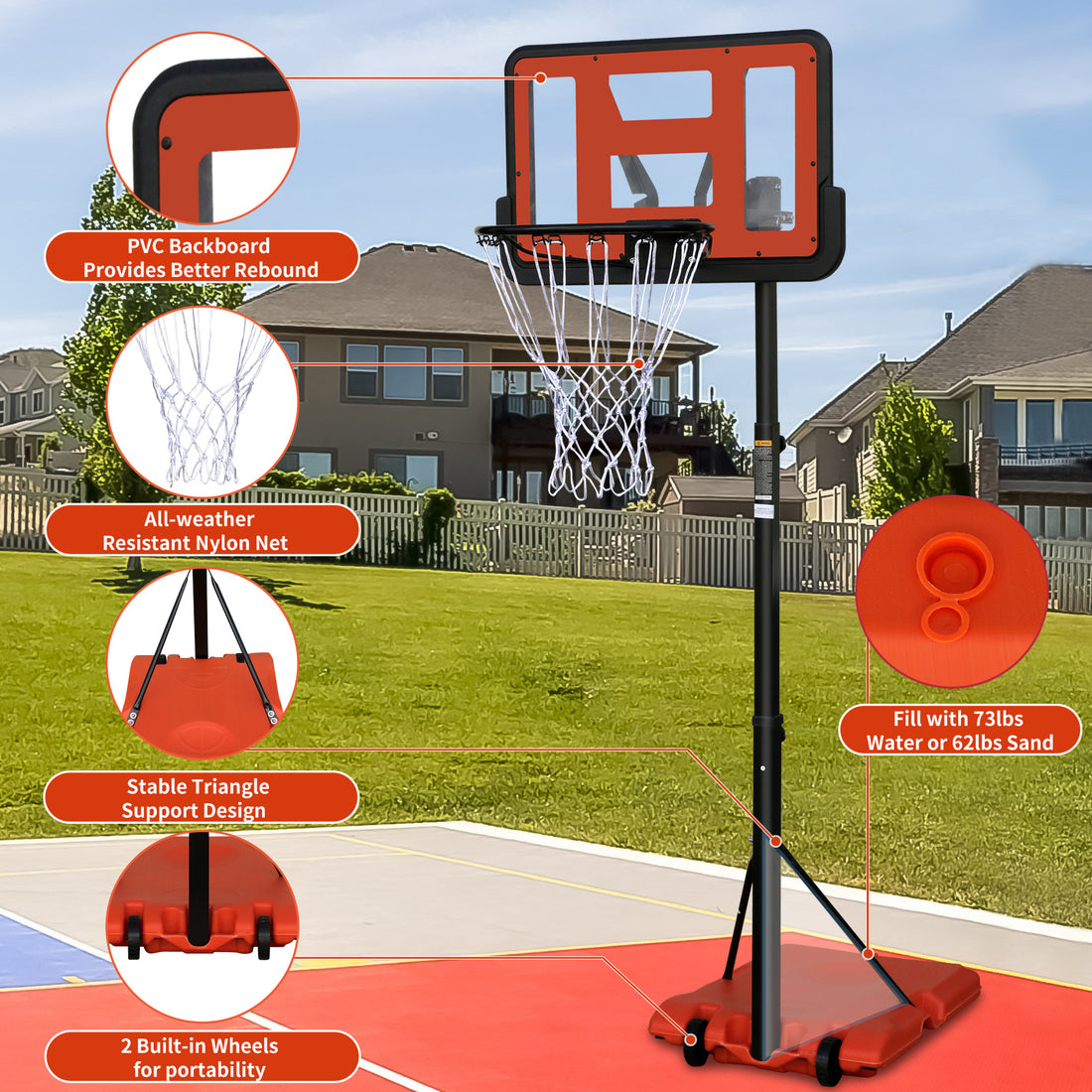 Use For Outdoor Height Adjustable 4.8 To 7.7Ft Basketball Hoop 44 Inch Backboard Portable Basketball Goal System With Stable Base And Wheels Balls Sports Transparent Garden & Outdoor Sporty Iron