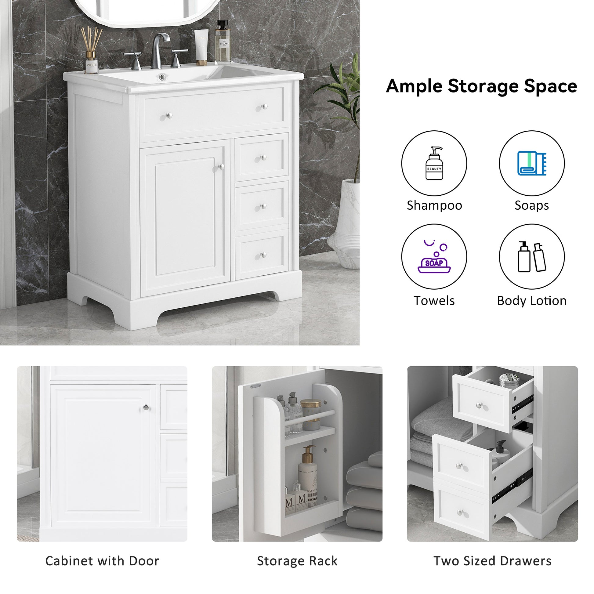 30" Bathroom Vanity With Sink Top, Bathroom Vanity Cabinet With Door And Two Drawers, Mdf Boards, Solid Wood, One Package, White White Solid Wood Mdf