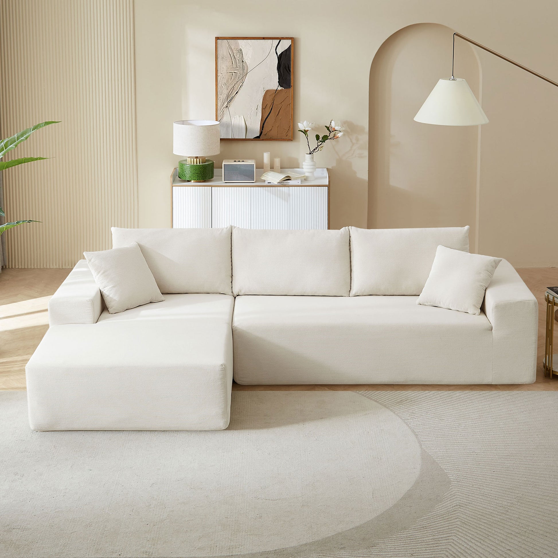 Modern Minimalist Style Corduroy Couch, Upholstered Sleeper Sofa For Living Room, Bedroom, Salon, 2 Pc Free Combination, L Shape, Right Hand Facing Sectional Sofa Beige Corduroy 3 Seat