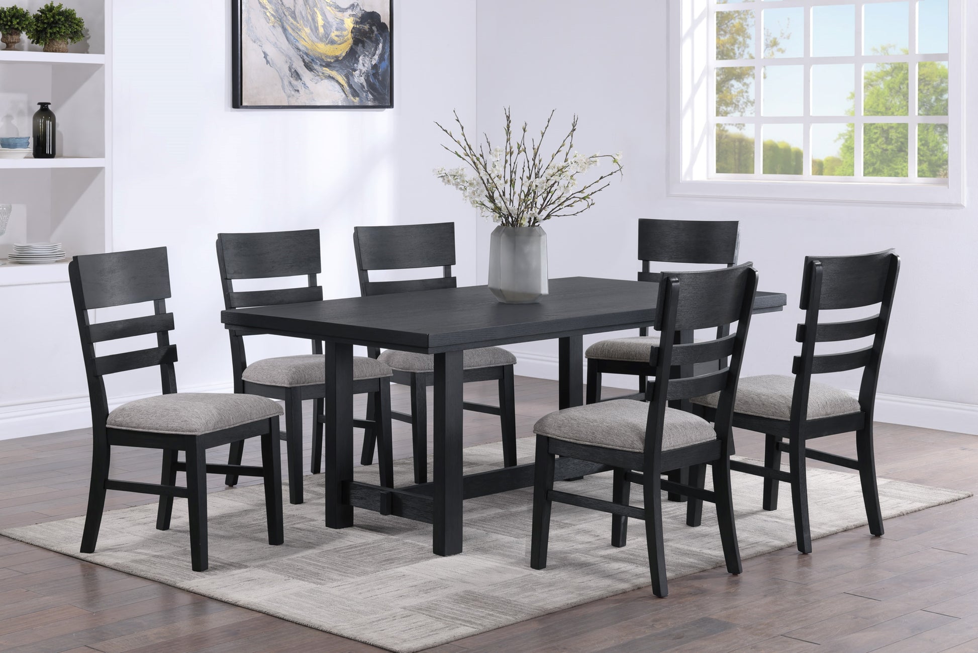 2Pc Black Finish Side Chair Gray Fabric Upholstery Seat Ladder Back Contemporary Transitional Style Dining Room Wooden Furniture Black Contemporary,Transitional Side Chair Wood